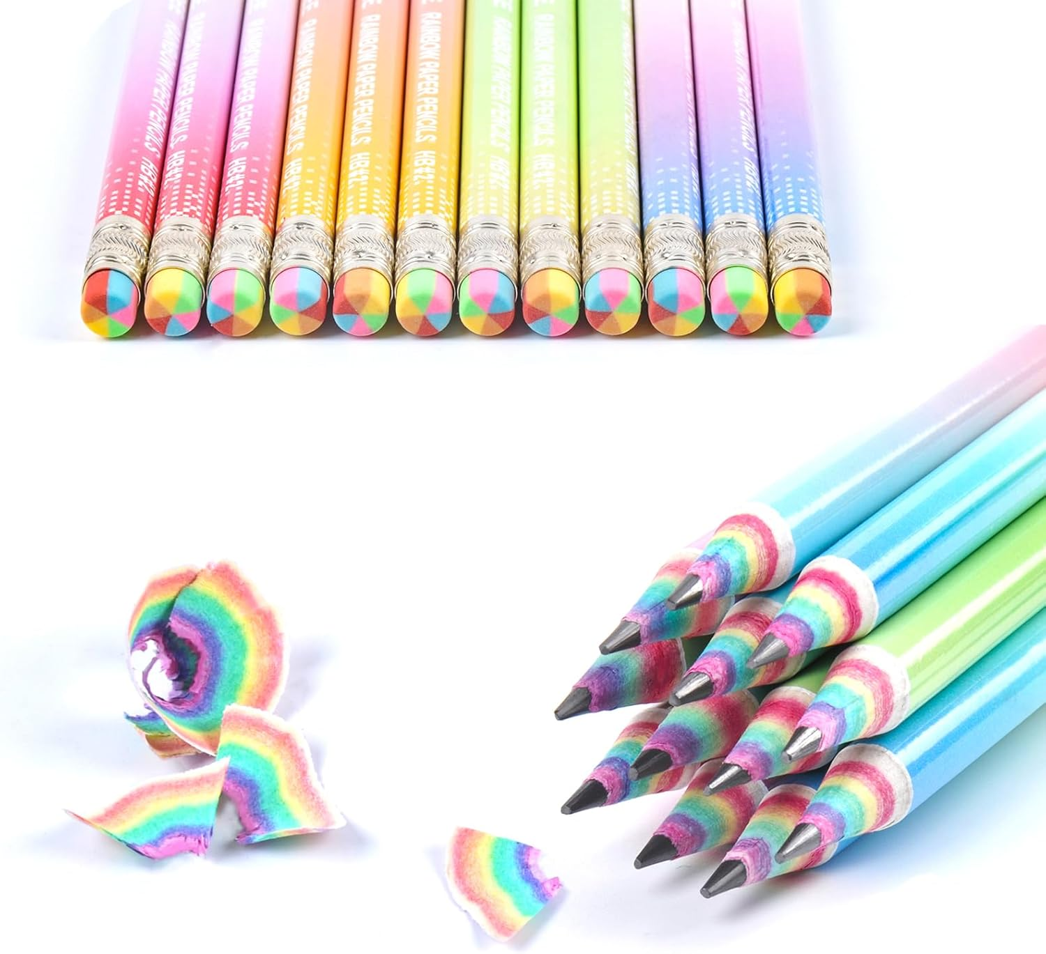 Pre-Sharpened Pencils HB #2 Eco Rainbow Paper Pencil Cute Pencils for Kids Number 2 Pencil with Erasers for School, Writing, 12 Count image number 4