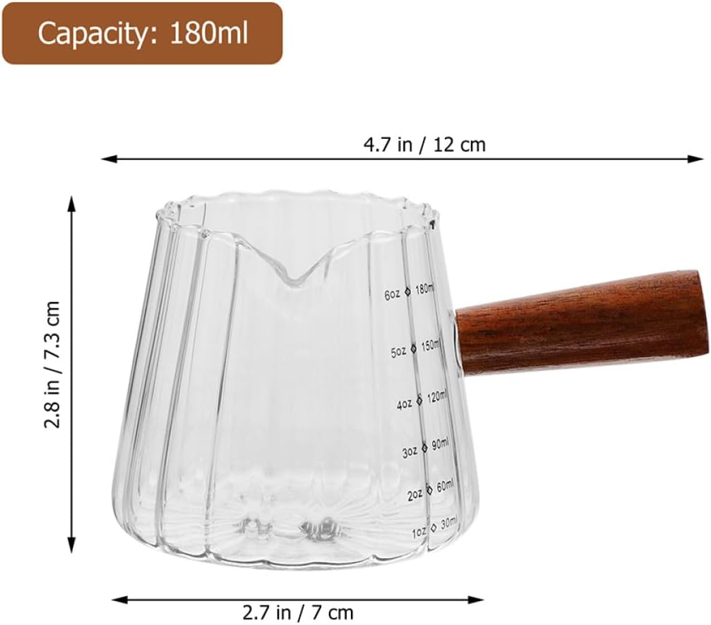 KALLORY 2Pcs Glass Milk Pitcher with Wooden Handle Heat-Resistant Espresso Creamer Cups Multi-Use Glass Coffee Milk Pitchers for Coffee Enthusiasts image number 6