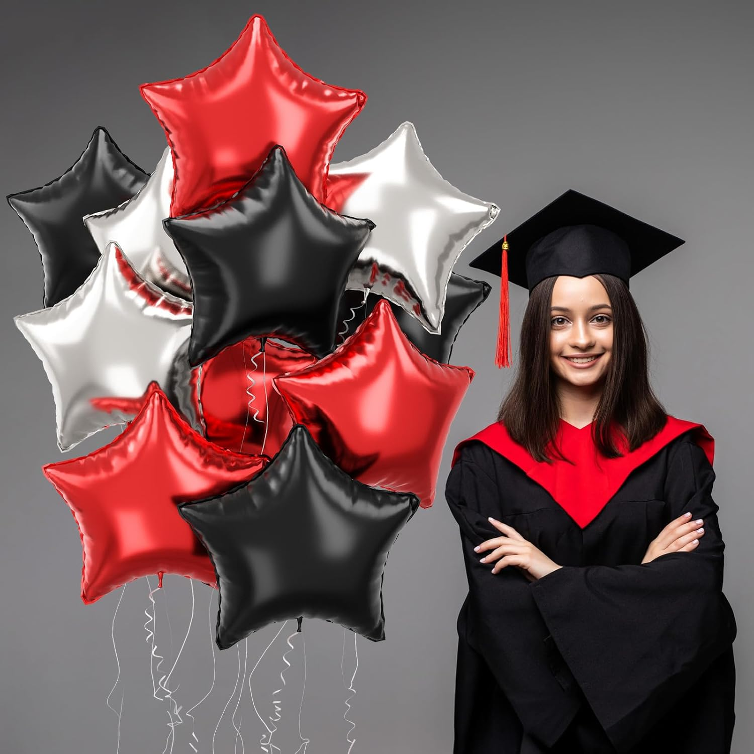 Black Red Star Foil Balloons, 18 Inch Black Silver Pentagram Aluminum Foil Balloons 12 Pcs Large Black Red and Silver Stars Shape Mylar Balloons for Birthday Casino Theme Racing Car Poker Party - Black Red Silver image number 6