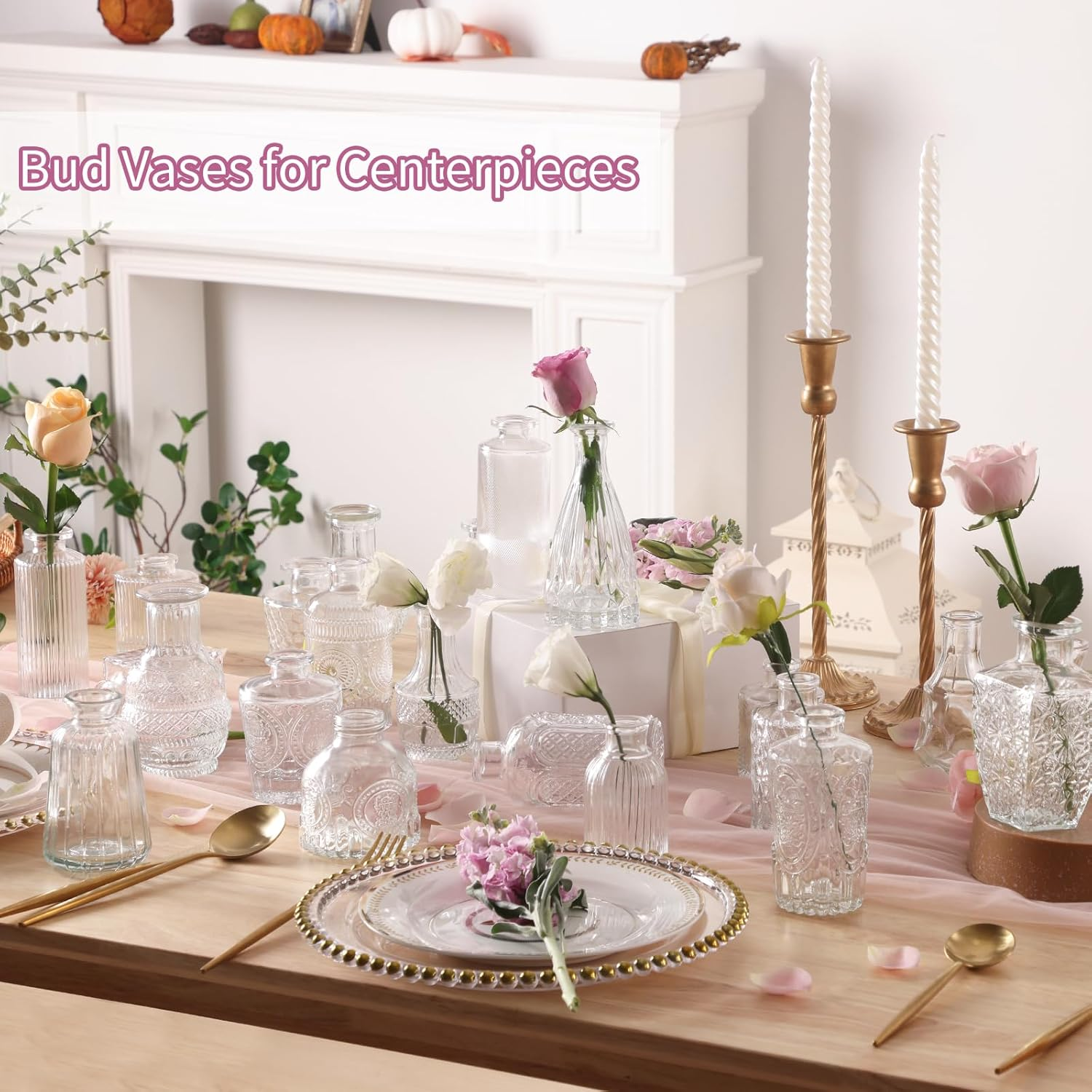 CUCUMI 24 Glass Bud Vase Set, Small Vases for Flowers, Clear Bud Vases for Centerpieces Mini Flower Vases in Bulk for Rustic Wedding Decorations Vintage Look Home Table Decor image number 5