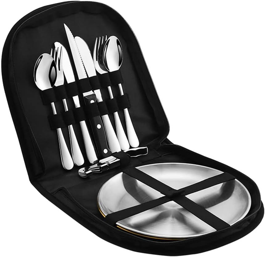 Issdem Metal Camping Utensil Set, Camping Silverware Set for 2, Reusable Travel Cutlery with Case Include Knife Fork Spoon Dish and Beer Cap Opener image number 5