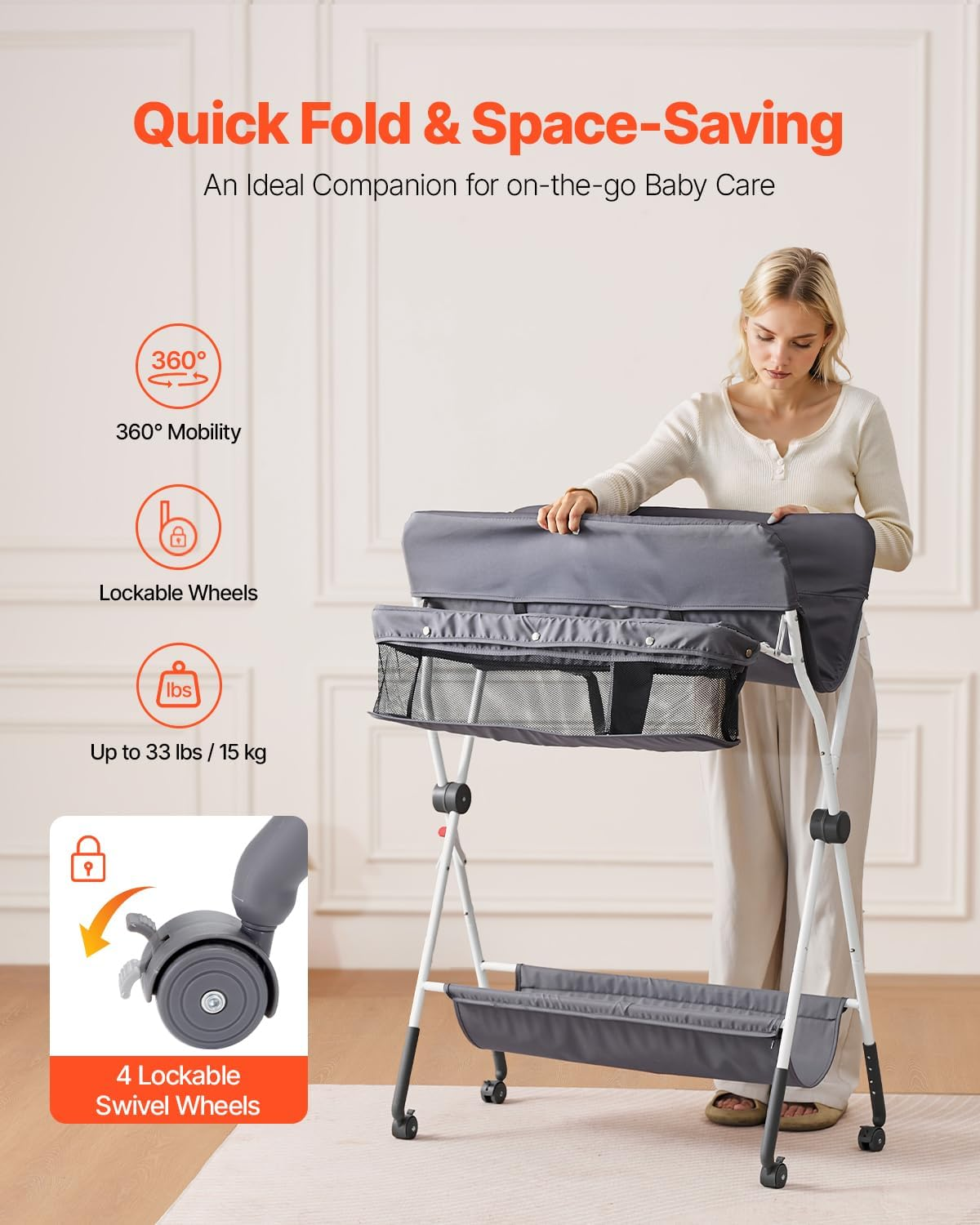 VEVOR Baby Changing Table, Foldable Diaper Change Station with Side Basket, Adjustable Height Portable Changing Table with Lockable Wheels, Multi-Functional Storage Organizer Nursery, Dark Gray image number 6