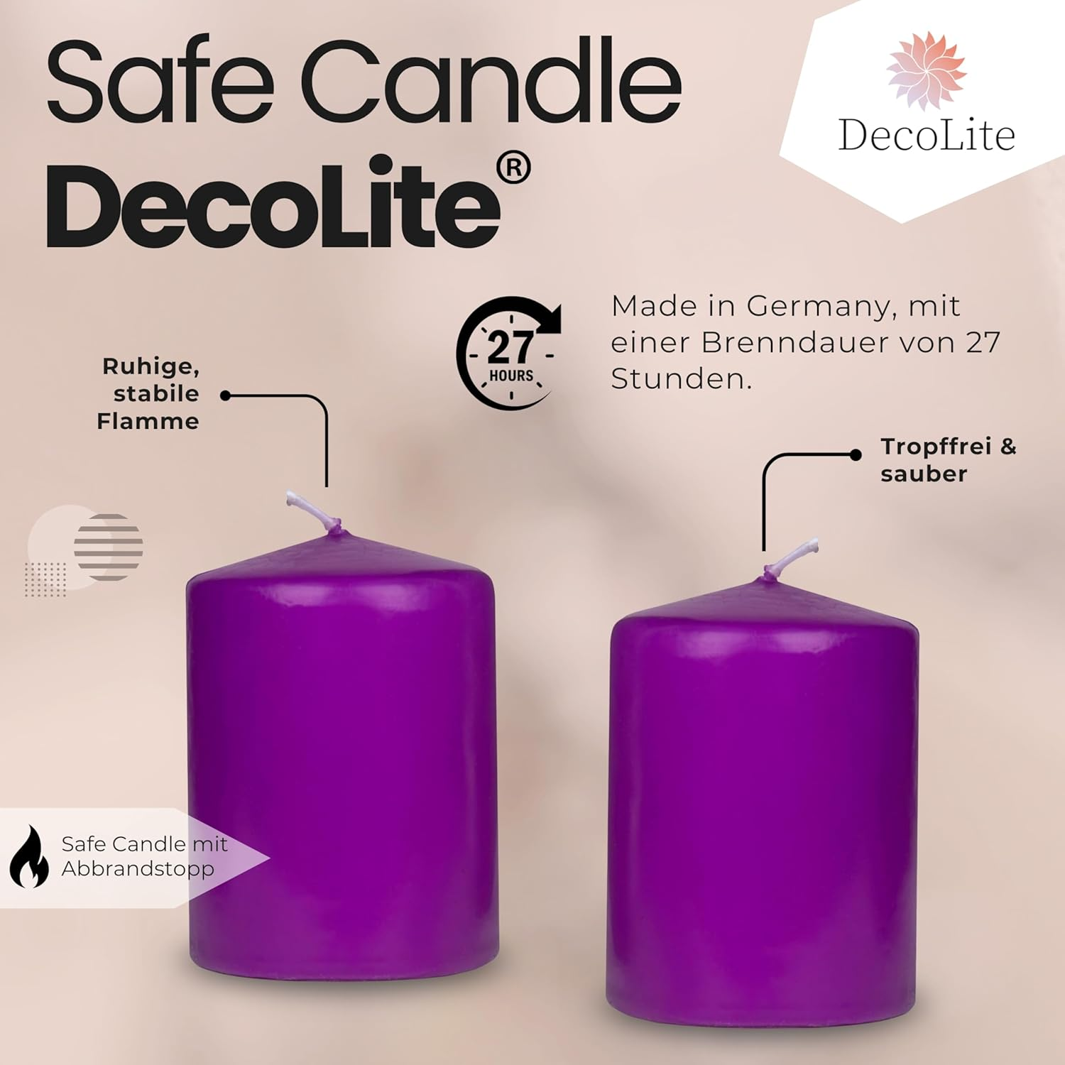 Decolite Wenzel Candles Pack of 12 Pillar Candles 80/60 Mm - Self-Extinguishing, Safe Candle, RAL Certified, 27 Hours Burning Time - 100% Made in Germany by Wenzel Candles (Purple) - Olive image number 3