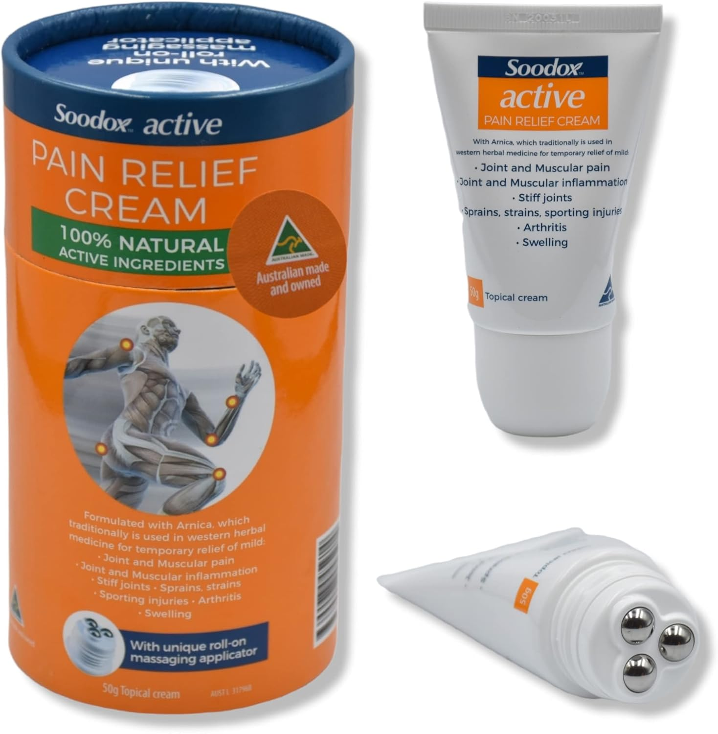 Soodox Active Pain Relief Cream 50G - 100% Natural Active Ingredients | Patented Roll on Massage Applicator - No Messy Hands! image number 1