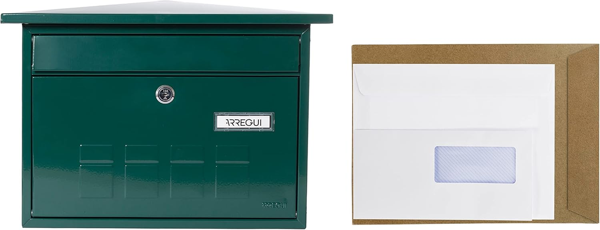 ARREGUI Deco E5703 Galvanised Steel Letter Box, Size M (DIN A4 Post), Horizontal Wall Post Box for Outdoor Use, Post Box with Name Plate and Flap, Green image number 1
