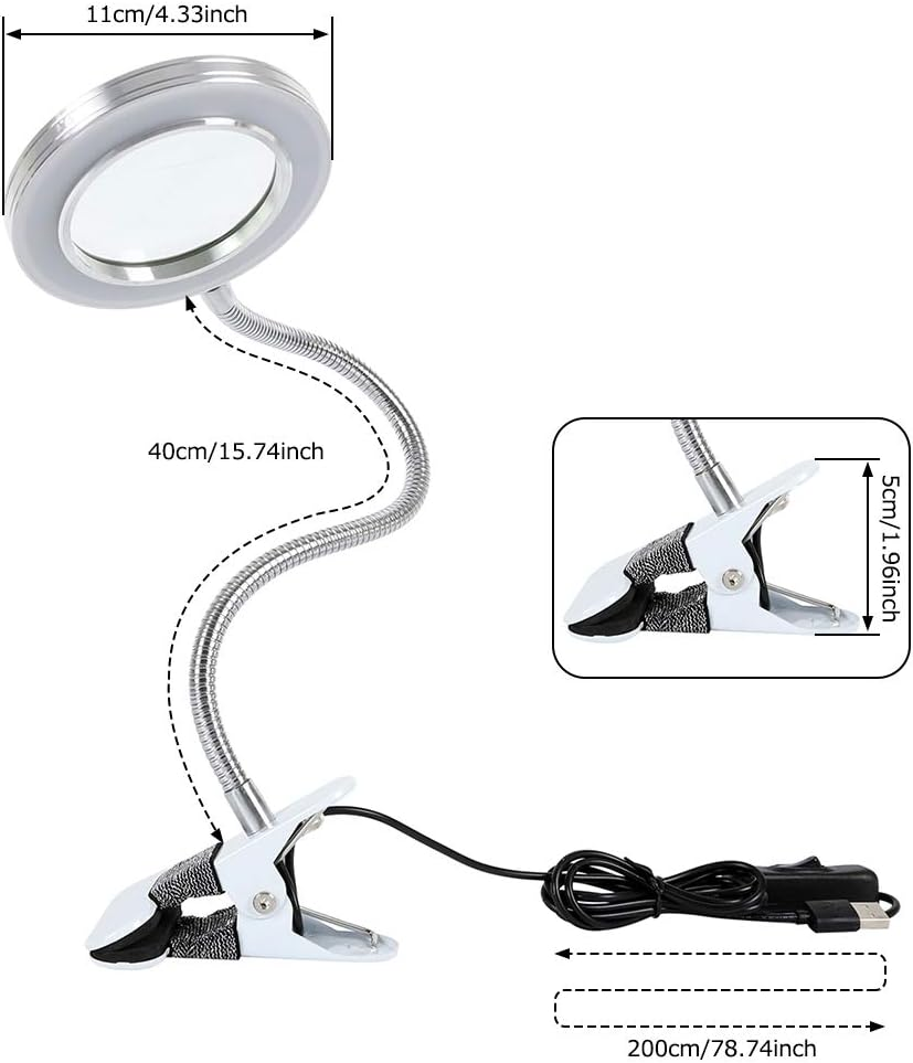 LED Magnifying Lamp with Clamp, 8X Magnifying Lamp Flexible Gooseneck LED Desk Lamp,Usb Powered LED Magnifying Glass with Light for Tattoo, Reading, Crafts and Sewing