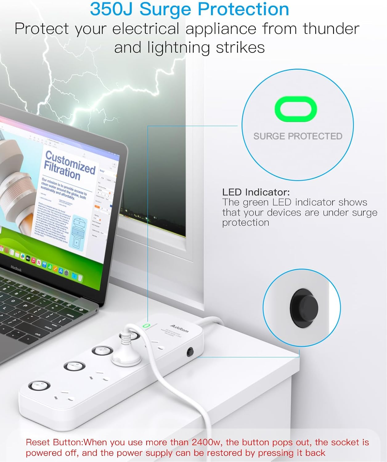 Power Board Surge Protected with Individual Switch, Powerboard with 4 Wide Spaced AC Outlets, 1M Extension Cord for Home Office Desk, Overload Protection, 350 Joules image number 6