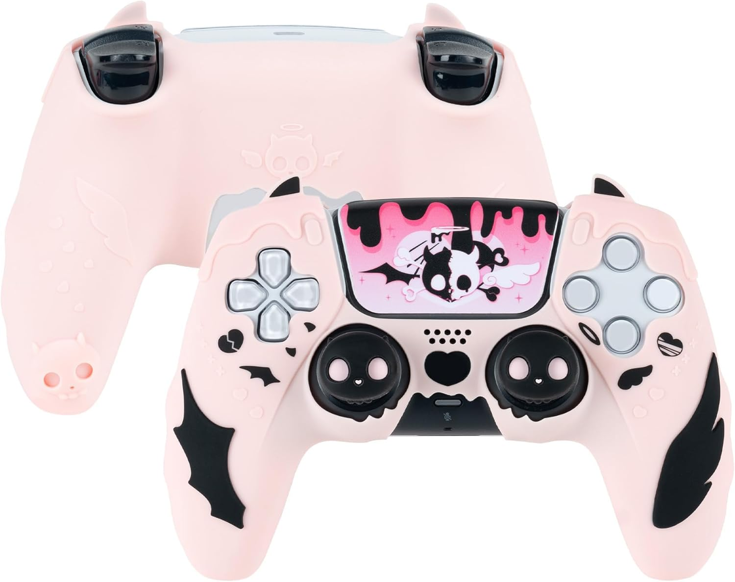 Geekshare PS5 Controller Skin Set,Anti-Slip Silicone Protective Cover Skin Case for PS5 Wireless Controller with 2 Thumb Grip Caps and 1 Sticker - Sweetheart Skull (Pink)