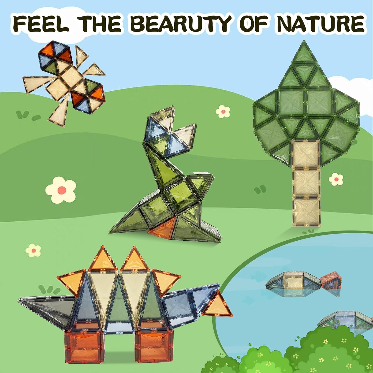 Magnetic Tiles Kids Toys, 3D Magnet Puzzles Stacking Blocks Safe Creative Kids Manipulative Preschool Learning Construction Toy, Sensorial Education Toy,From 3 Years Old, 100 PCS image number 1