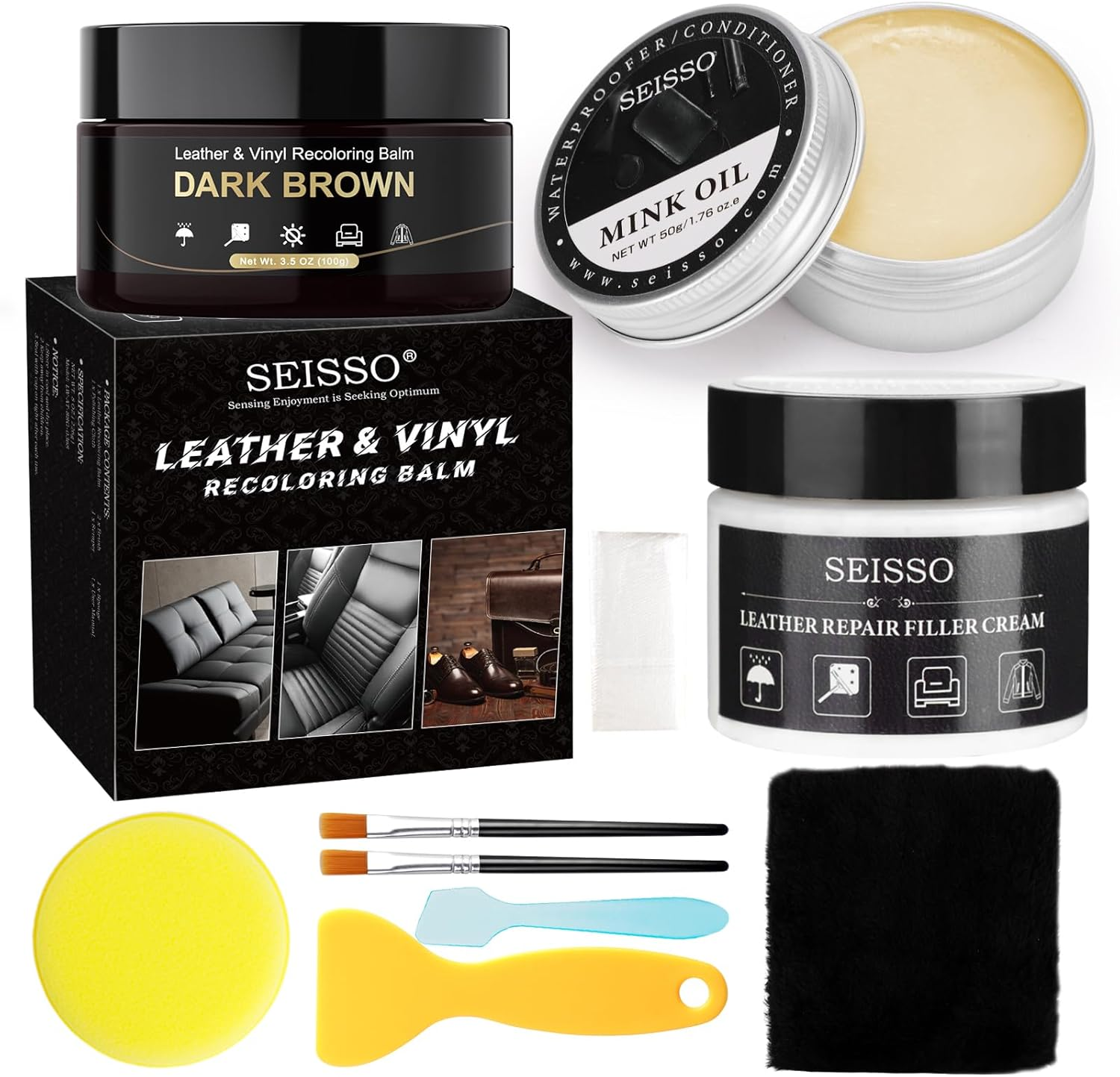 SEISSO Leather Repair Kit for Furniture, Gray Vinyl Repair Kit with Mink Oil Car Interior Leather Recoloring Balm for Scratches, Fading Shoes, Car Seat, Sofa