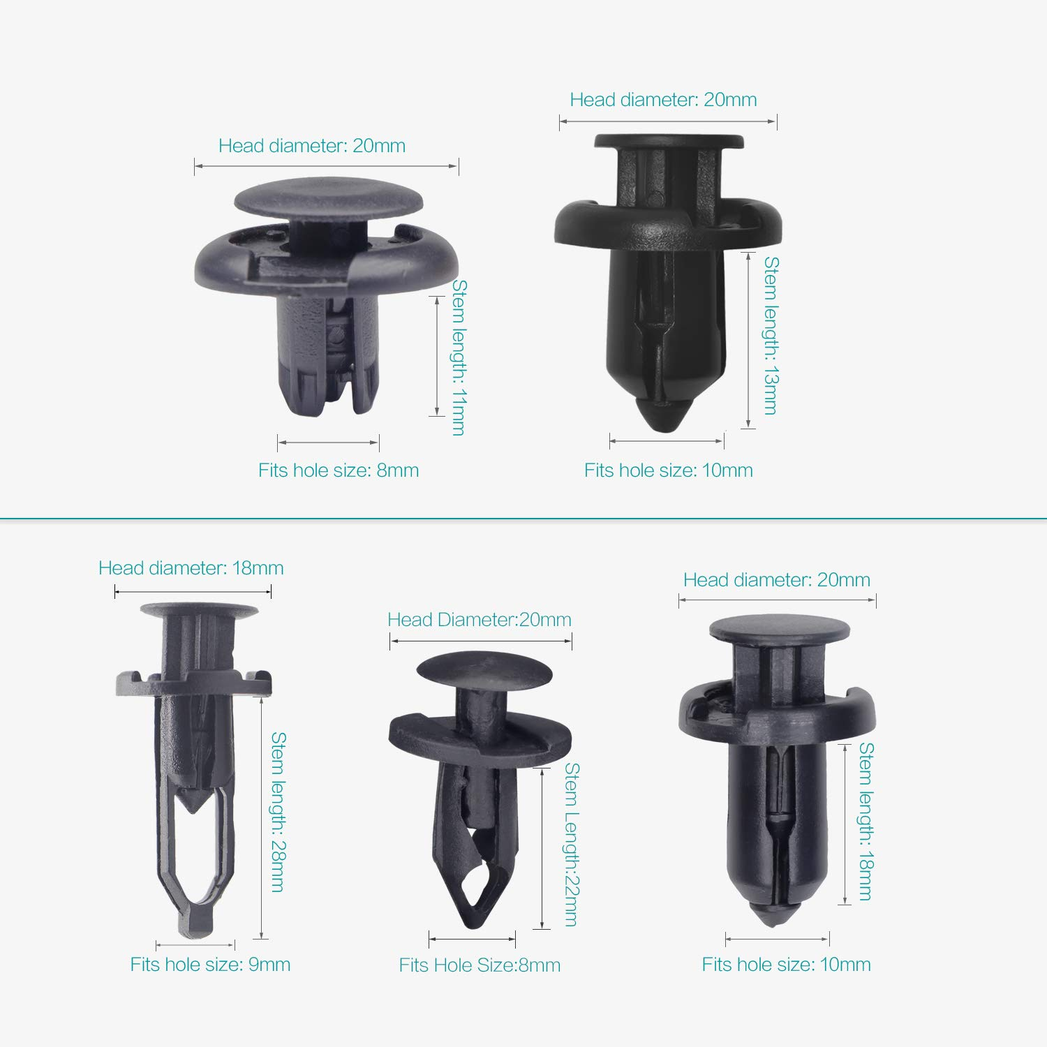 Lantee 50 Pcs Car Body Retainer Clips Fasteners, 8Mm, 9Mm, 10Mm Black Nylon Auto Front Bumper Fender Push Type Pins image number 3