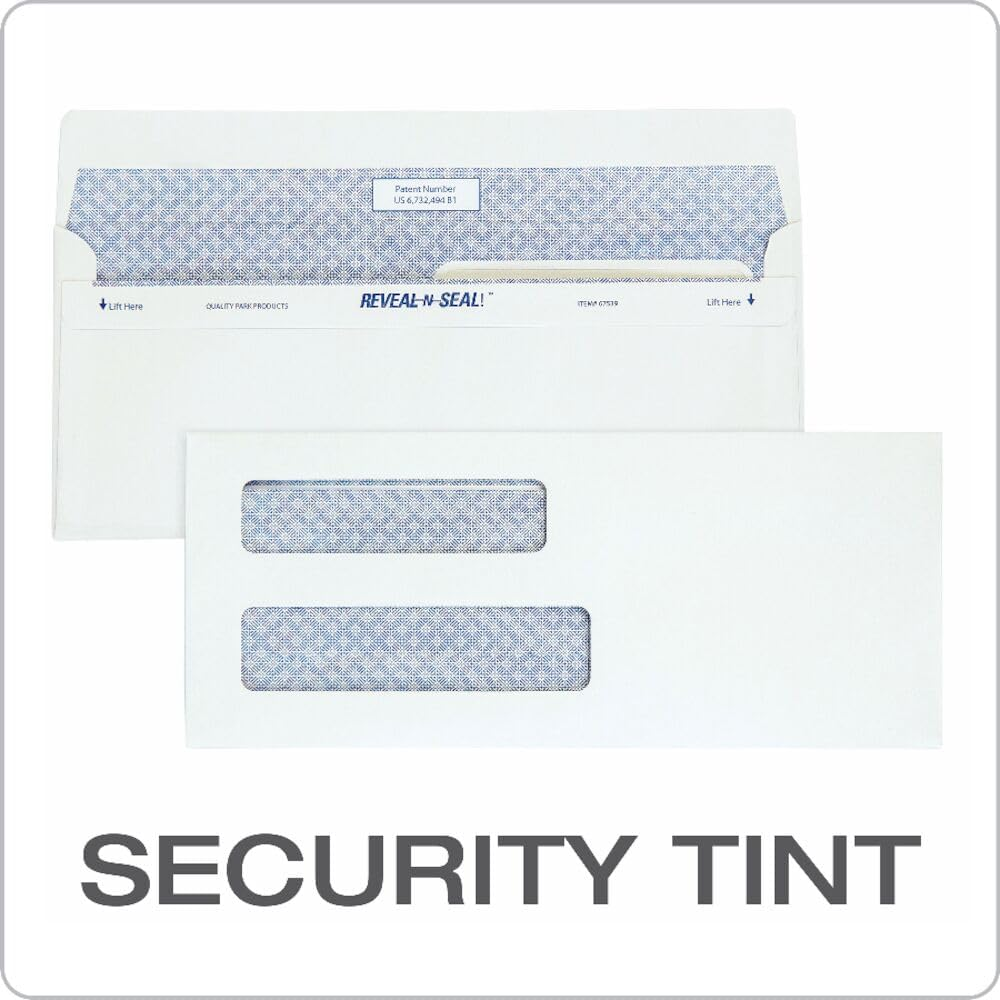 Quality Park #8 5/8 Double-Window Security Envelopes, Self-Sealing, Tamper Evident, for Checks, Payroll, 24 Lb White Wove, 3-5/8 X 8-5/8 Inches, 500/Box (QUA67539) image number 1