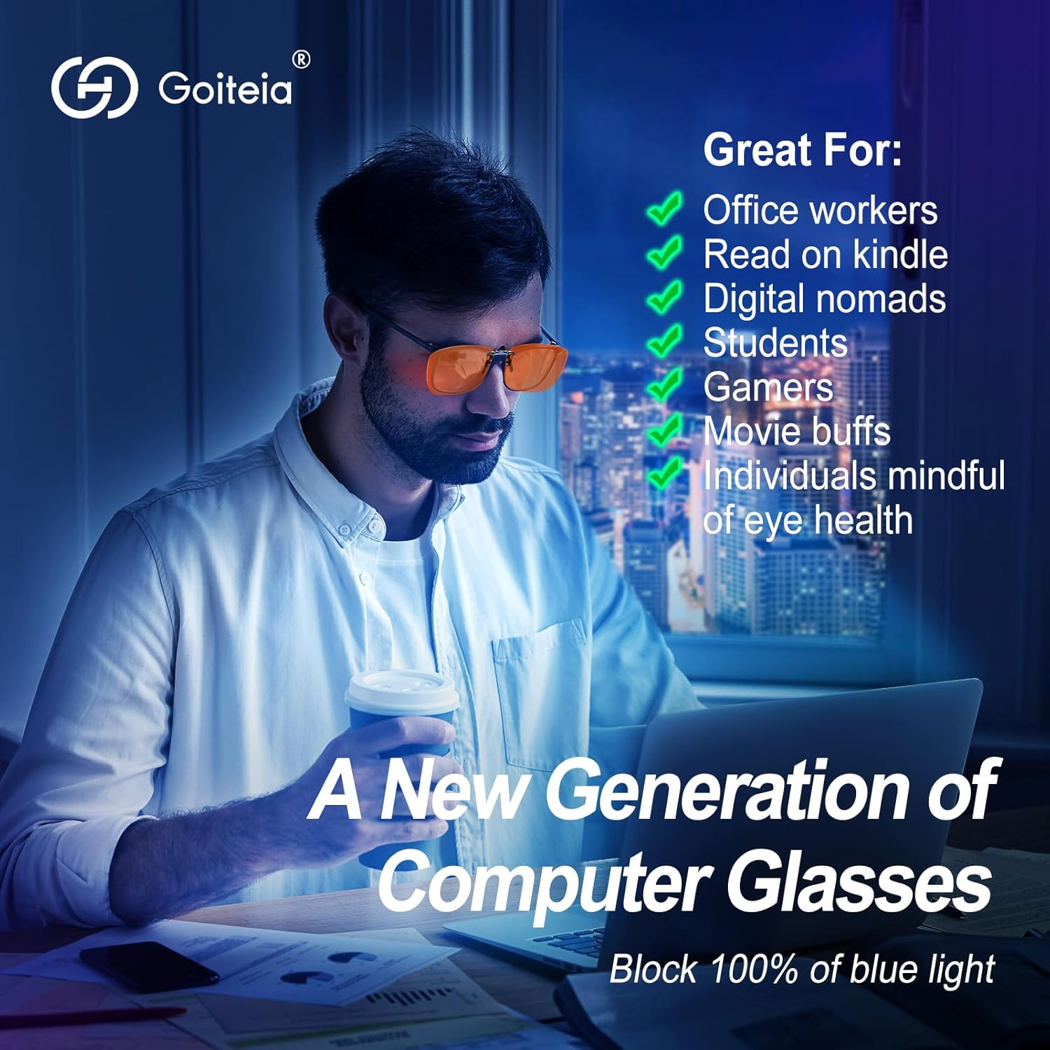 Goiteia Orange Blue Light Blocking Glasses Clip on for Migraine-Gaming Glasses for Eyes Strain/Light Sensitive-Help to Sleep, Orange/Relieve Headaches&Migraines, Medium image number 1