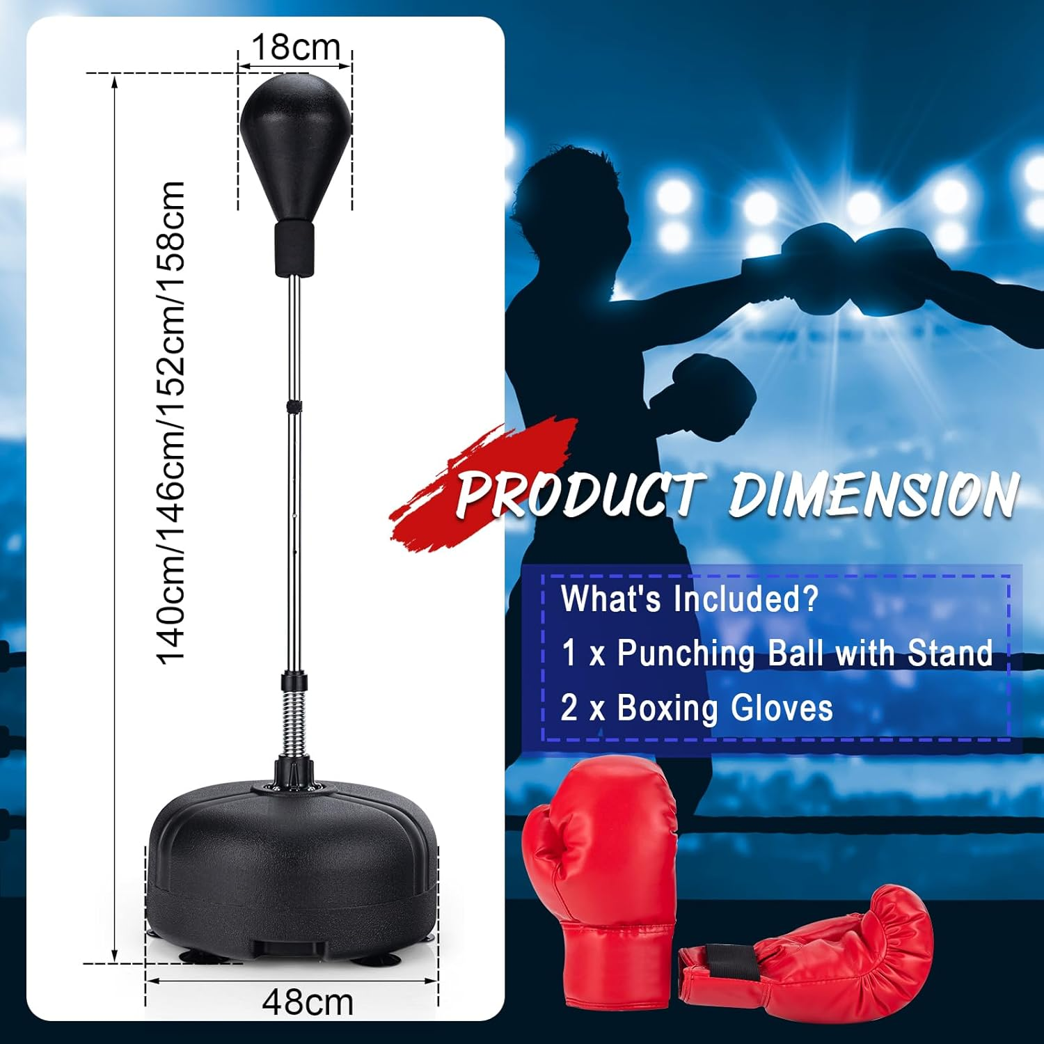 Costway Punching Bag with Stand, Speed Bag for Adults Kids, 4-Position Adjustable Height Setting, Stable Suction Cups, Integrated PU, Breathable Boxing Gloves, Easy to Transport, Reflex Bag for Home