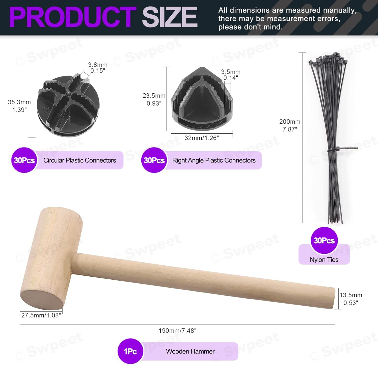 Swpeet 91Pcs 2 Styles Black Cube Plastic Connector with Cable Ties and Wooden Mallet Assortment Kit, Cube round and Right Angle Organizer Connector Wire Grid Heavy Duty Zip Ties for Shelving image number 6