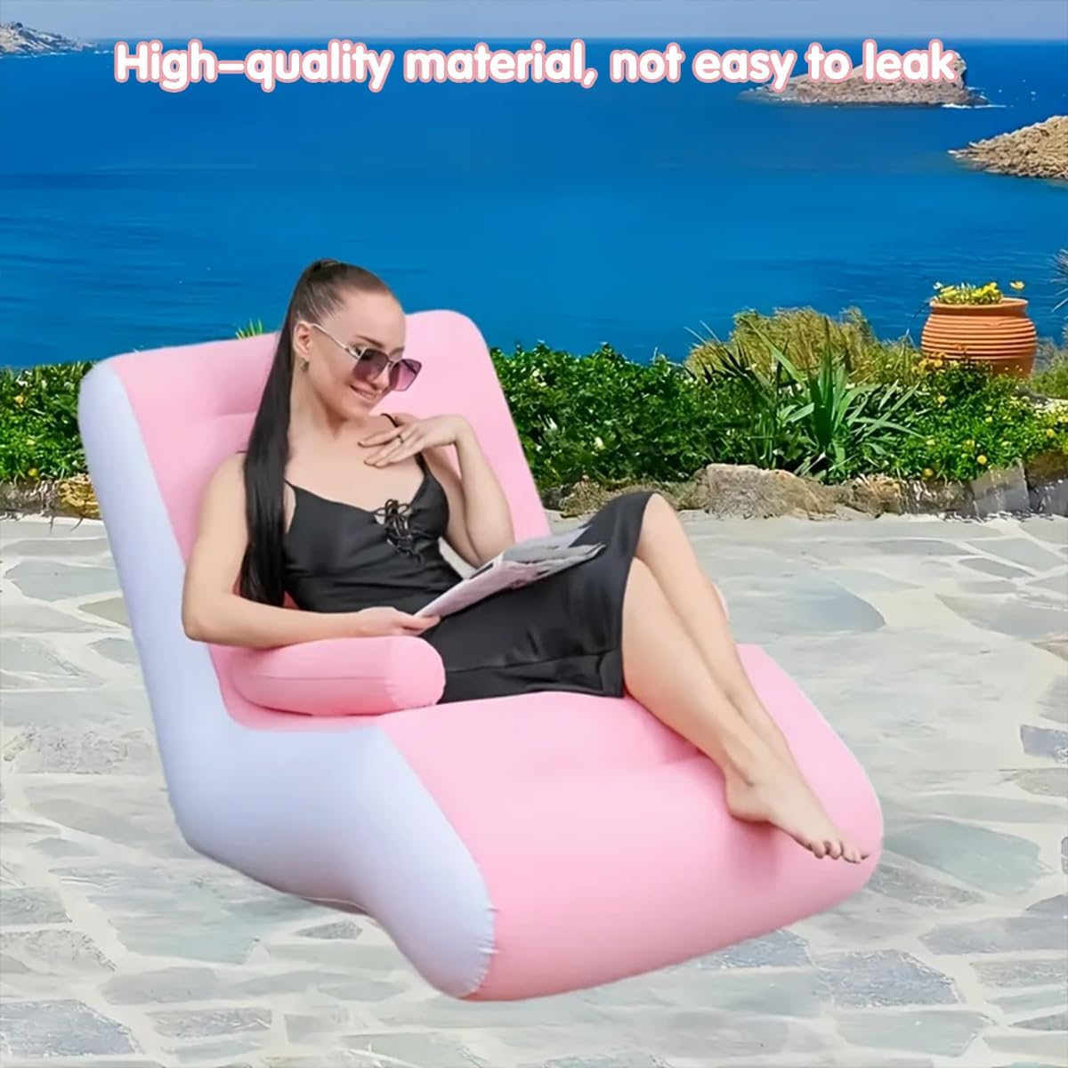 AIMALL S-Shaped Inflatable Recliner Sofa Chair for Adults, Pink Flocking PVC Blow up Lounger for Home, Office, Nap, Relaxation, 33.46In X 55.11In X 31.49In
