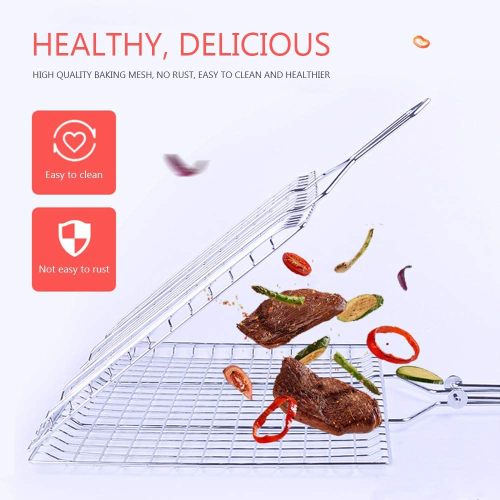 Barbecue Grill Basket, Foldable Non Stick Stainless Steel Wire Mesh Net Clip, Portable BBQ Grill Tool with Handle for Fish Vegetables Meat Steak Shrimp Chops image number 4