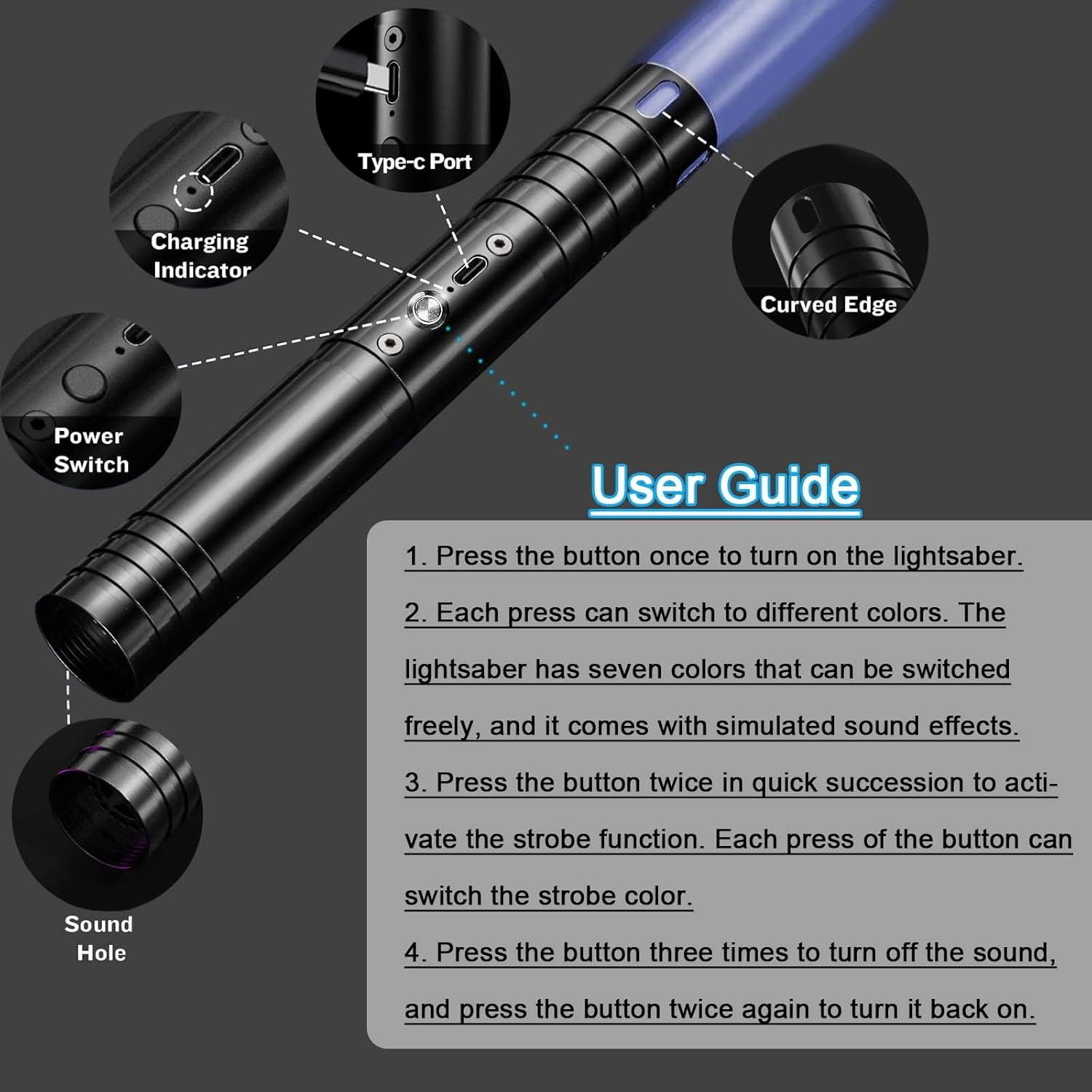 Lightsaber Use Rechargeable Metal Hit 7 Colors with Sounds Effect, Toys for Boys Girls for Dueling Light Saber Cosplay (78Cm/Black) image number 1