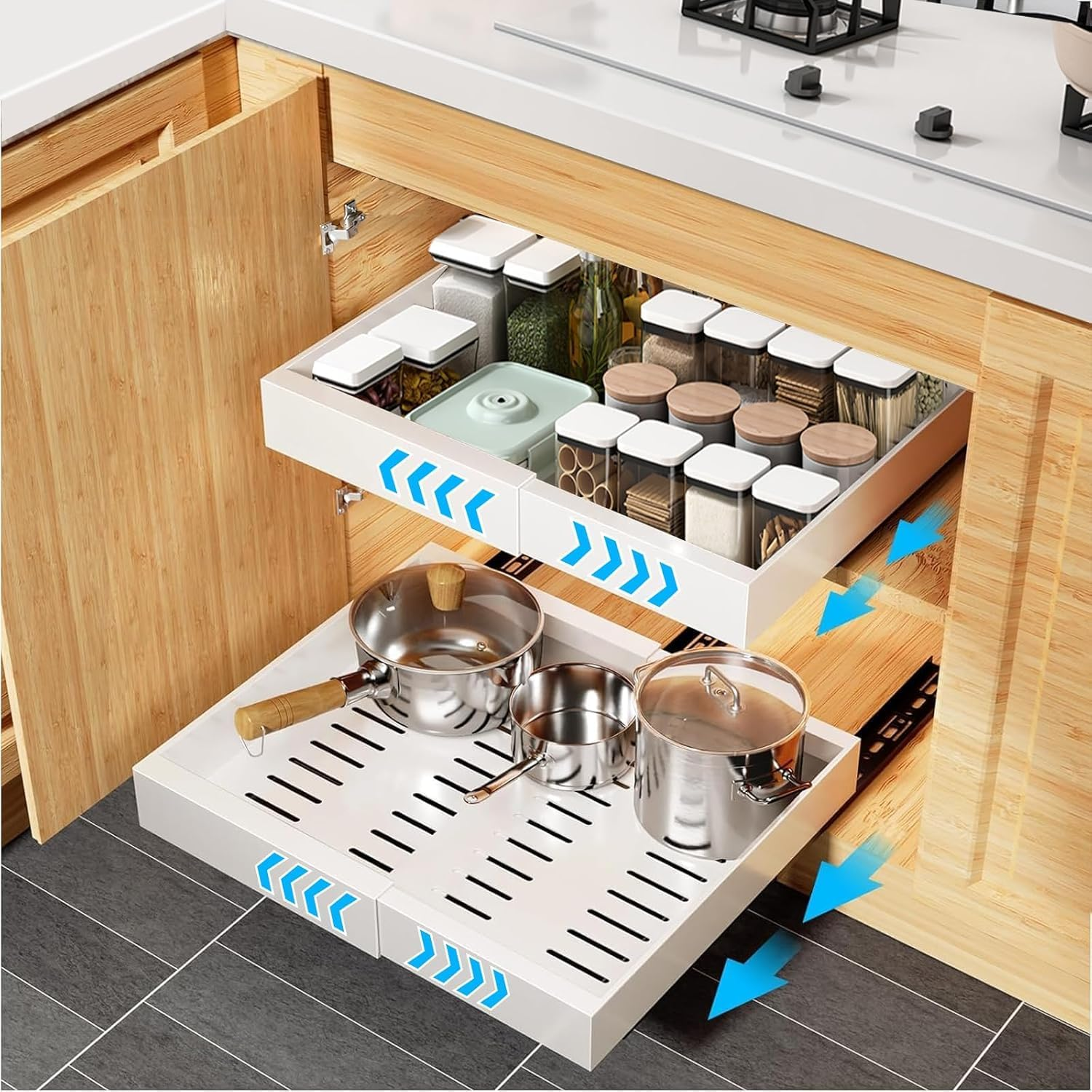 Pull Out Cabinet Organizer,Extendable Slide Out Pantry Shelves Storage,Sliding Drawer Pantry Shelf for Kitchen, Living Room, Home,Adhesive Pull Out Drawers for Cabinets (2) image number 6