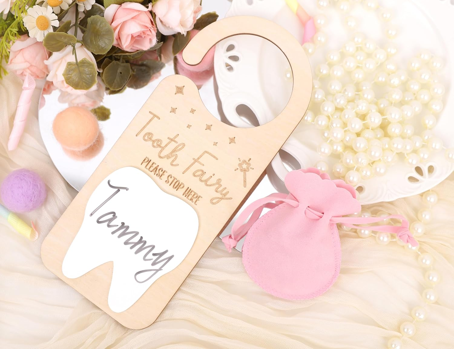 Tooth Fairy Door Hanger - Door Wooden Hanger Decoration , Tooth Fairy Money Holder , Personalized Tooth Holder Bag , with Money Holder Tooth Fairy Pick up Box (Door Hanger Pink) image number 2