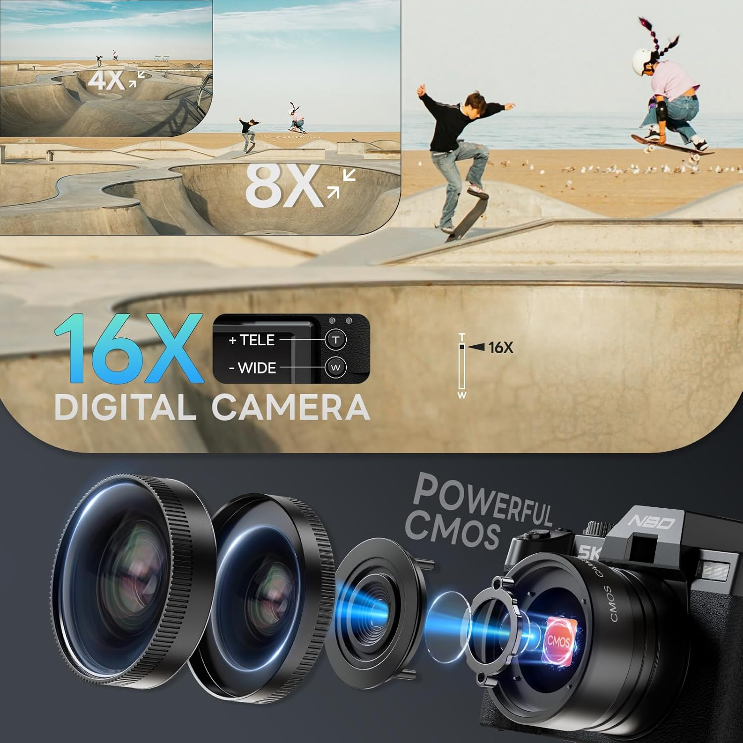 NBD 5K 64MP Digital Camera, Wi-Fi & App Control, 16X Zoom, Autofocus, Anti-Shake, 180&deg; Flip Screen, Macro & Wide-Angle Lenses, Webcam Function, Includes 64GB TF Card & 2 Batteries (Graphite) - Graphite image number 6