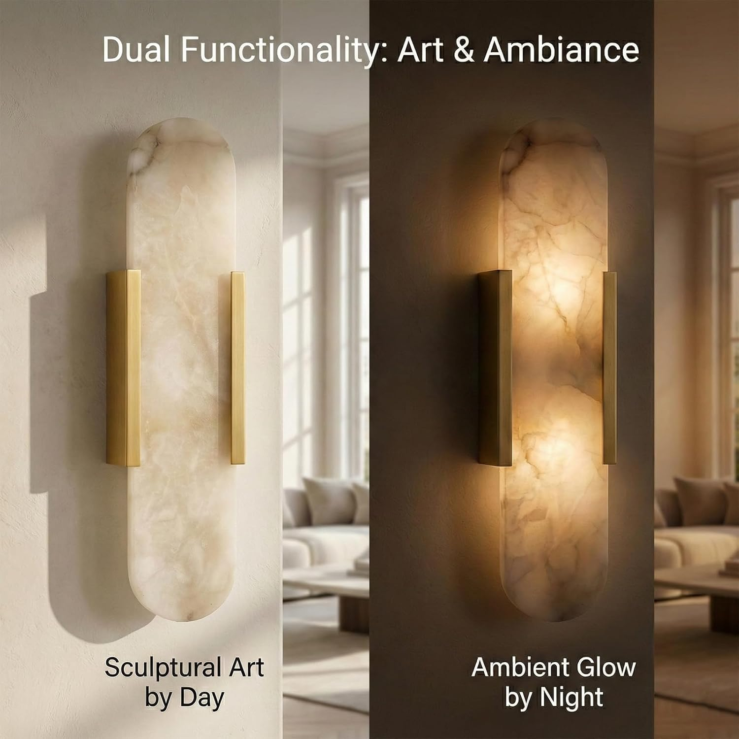 Natural Alabaster Wall Sconce Set of 2 &ndash; Modern Marble Wall Lamp for Bedroom, Bathroom Vanity, Living Room, Hallway & Staircase &ndash; Stone Alabaster Lamp Lighting Fixture(Gold,35Cm)