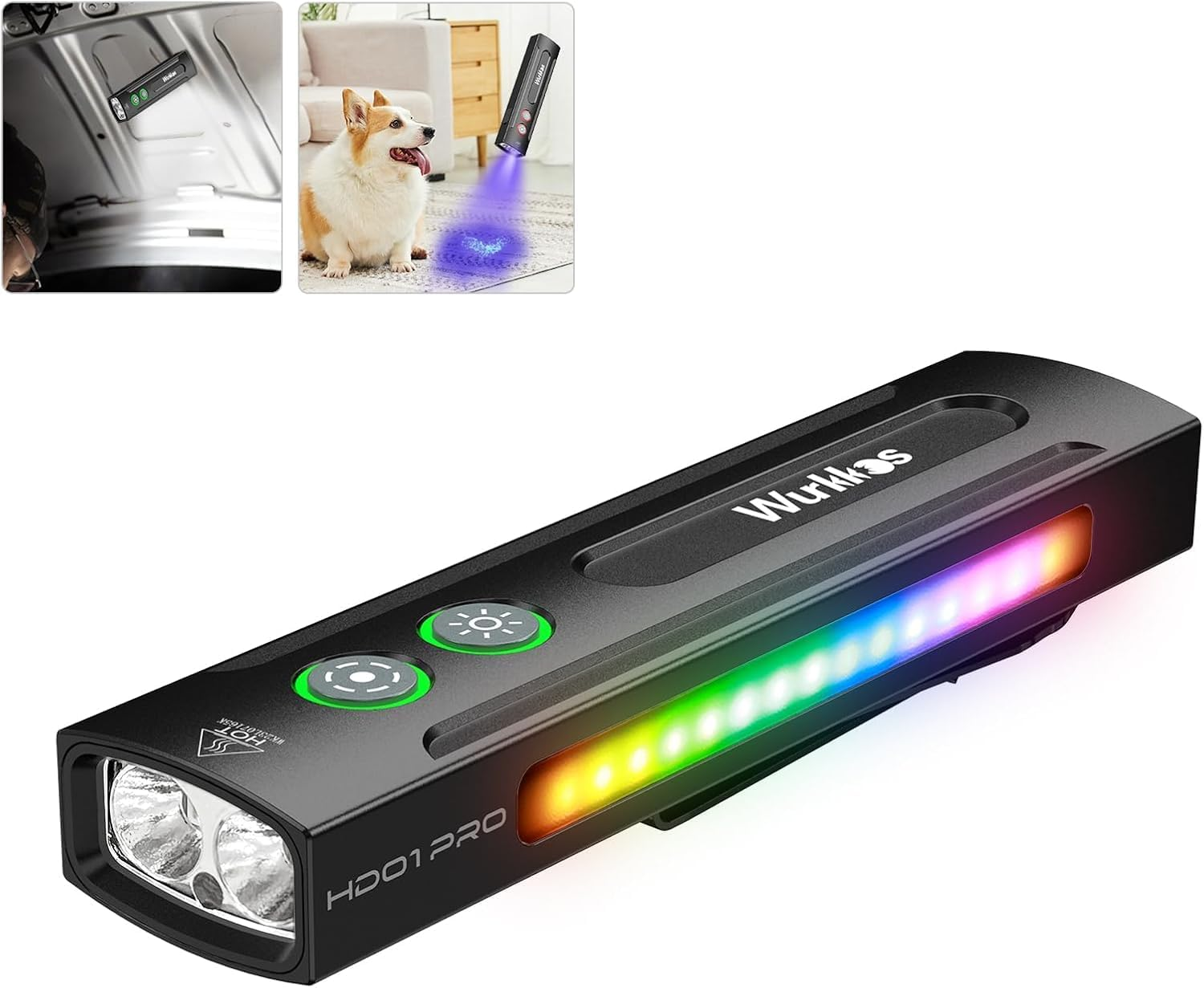 Wurkkos HD01 PRO 6-In-1 Flashlight 1200LM Flat EDC Flashlight with White Light UV Light&Green Light and RGB Light,Working Handle Flashlight with Magnetic for Outdoor Camping(Black)