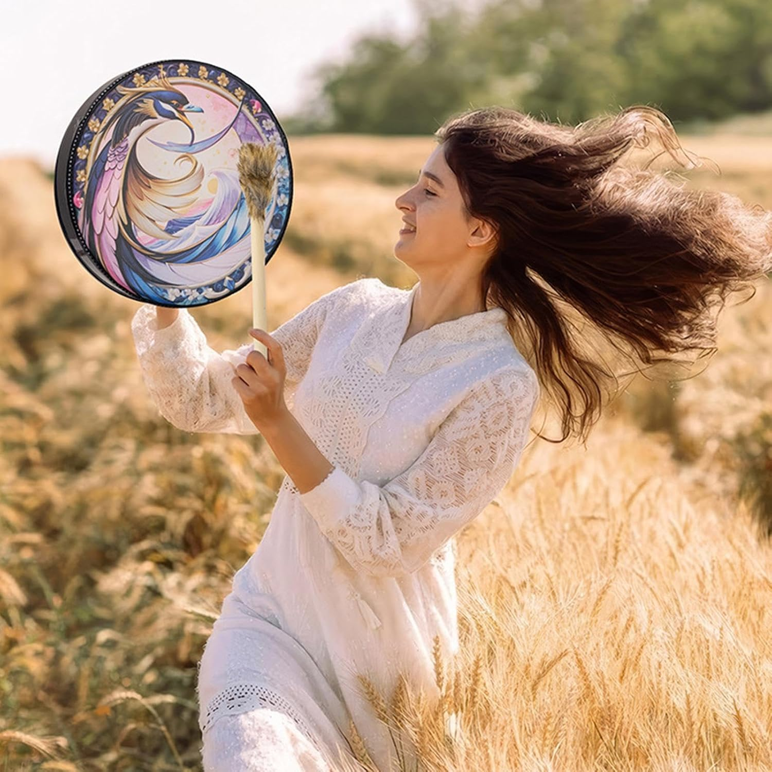 Shaman Hand Drum,Bird Print Shamanic Drums Drum Instruments | Colorful Shaman Tools Meditation Drum for Music Meditation Rituals image number 3