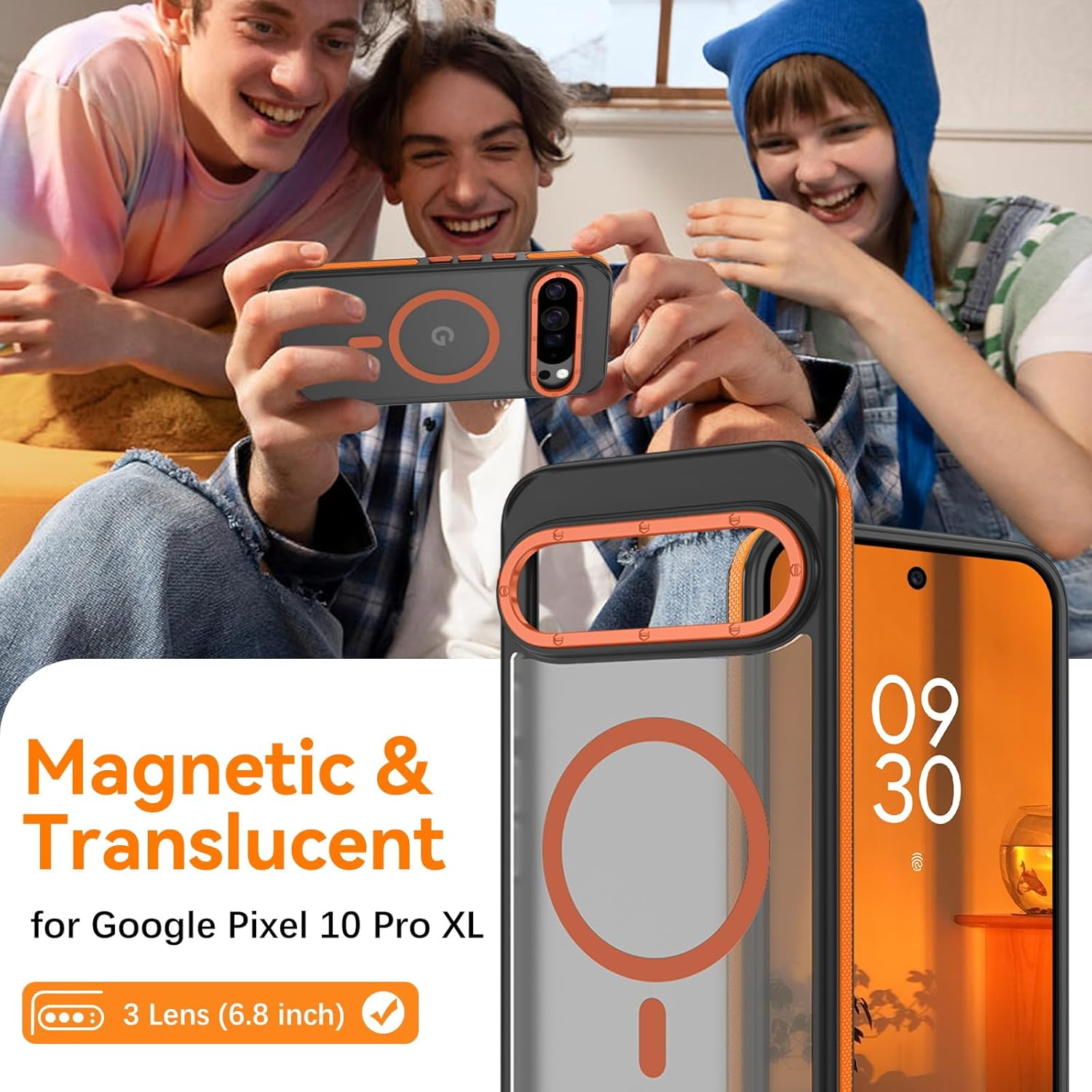 DOMAVER Magnetic for Google Pixel 10 Pro XL Case, Compatible with Magsafe Accessories, Military Grade Drop Protection, Translucent Matte Shockproof Phone Case for Pixel 10 Pro XL, Black Orange image number 6