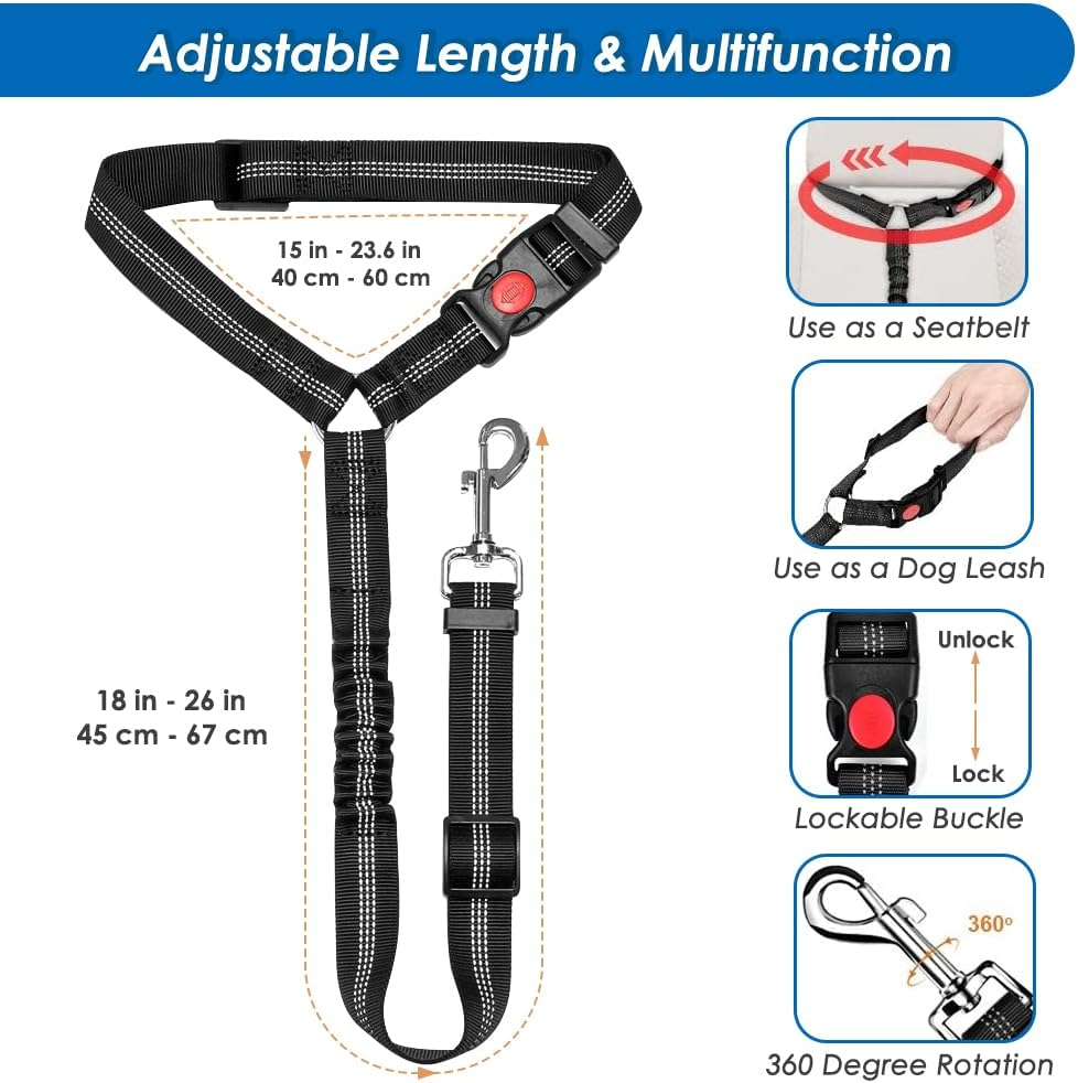 Slowton Dog Seatbelt Leash for Cars, 2 Pack Pet Safety Car Seat Belt with Adjustable Buckle & Reflective Bungee, Connect Dog Harness in Vehicle Car Dogs Restraint Travel Daily Use image number 5