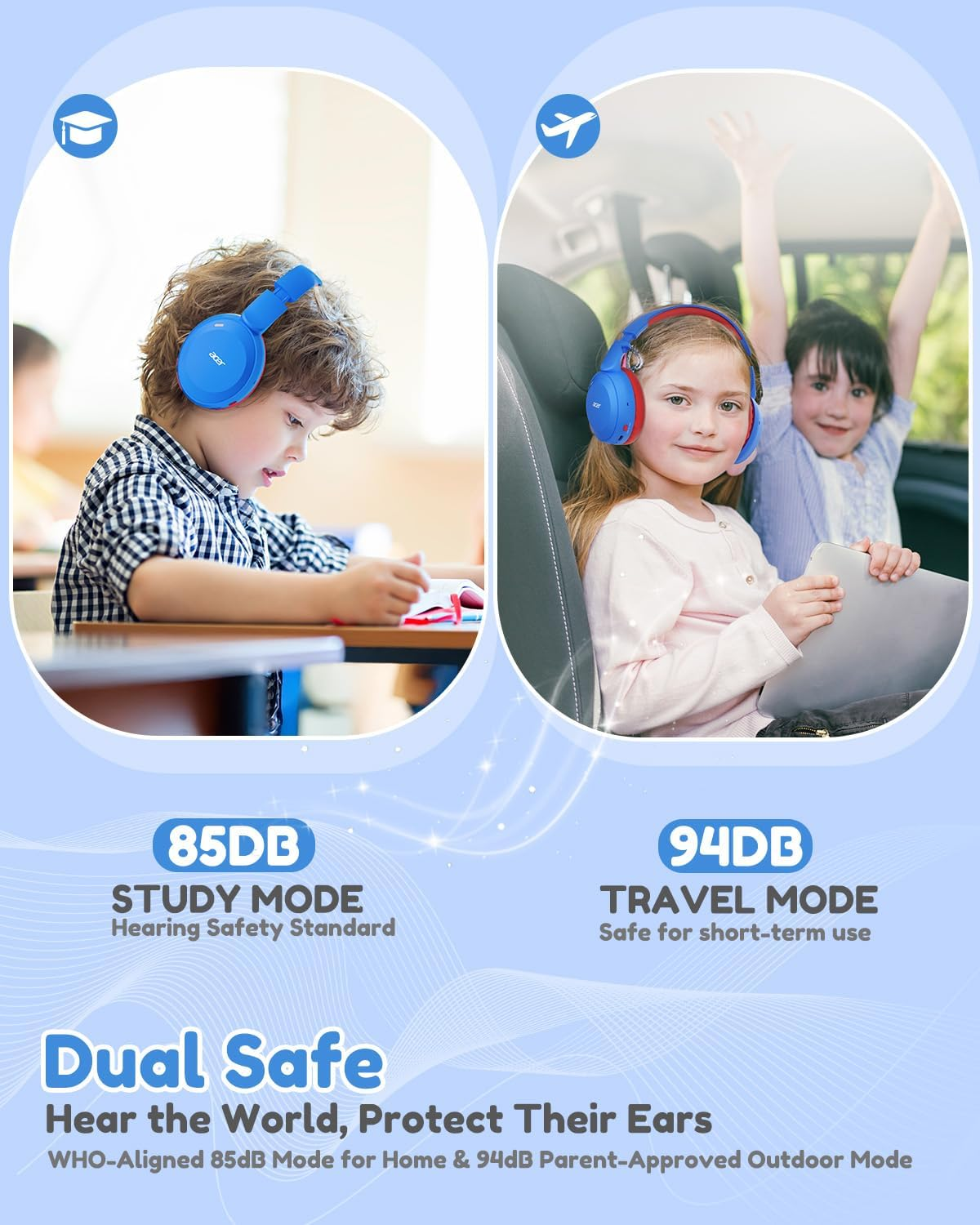 Acer OHR668 Kids Bluetooth Headphones - Blue Red