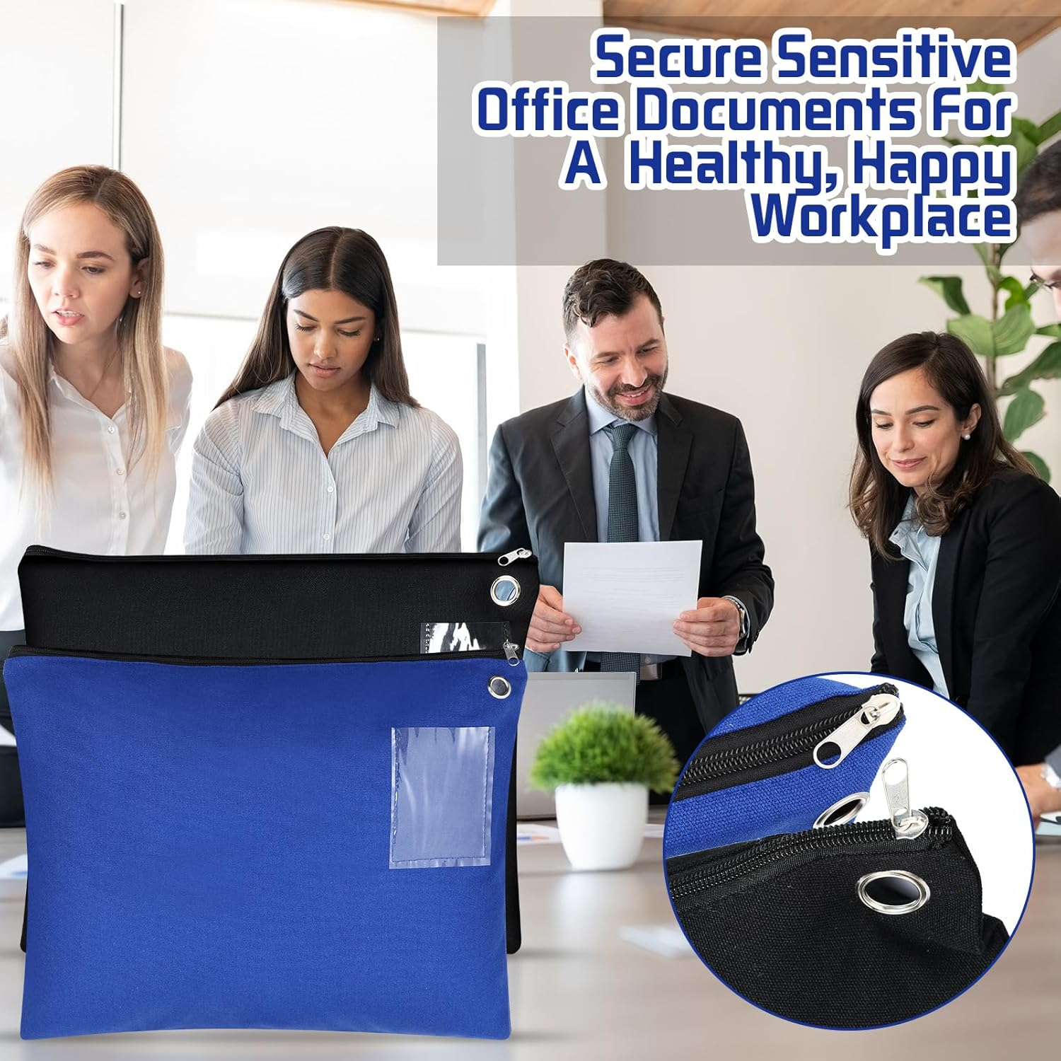 Humyoun 2 Pcs Interoffice Mailer Canvas Transit Sack Zipper Bag 18" X 14" Large Zipper Pouch with Grommet Interoffice Mail Bag (Black,Blue) - 2, Black, Blue image number 6