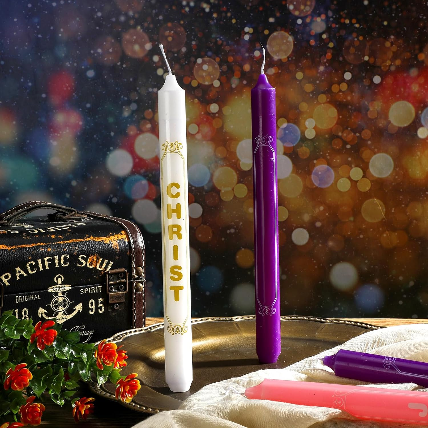 Tondiamo 5 Pieces Christmas Advent Candles with Words Christ, Peace, Joy, Hope White Advent Wreath Candlestick Christmas Advent Candle Taper Candles Purple Candle for Church Advent Wreath Decor image number 3