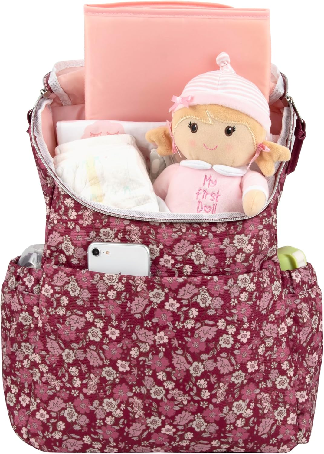 Multi-Function Floral Diaper Backpack and Travel Nappy Baby Bag with Changing Pad and Stroller Straps - Burgundy Floral image number 4
