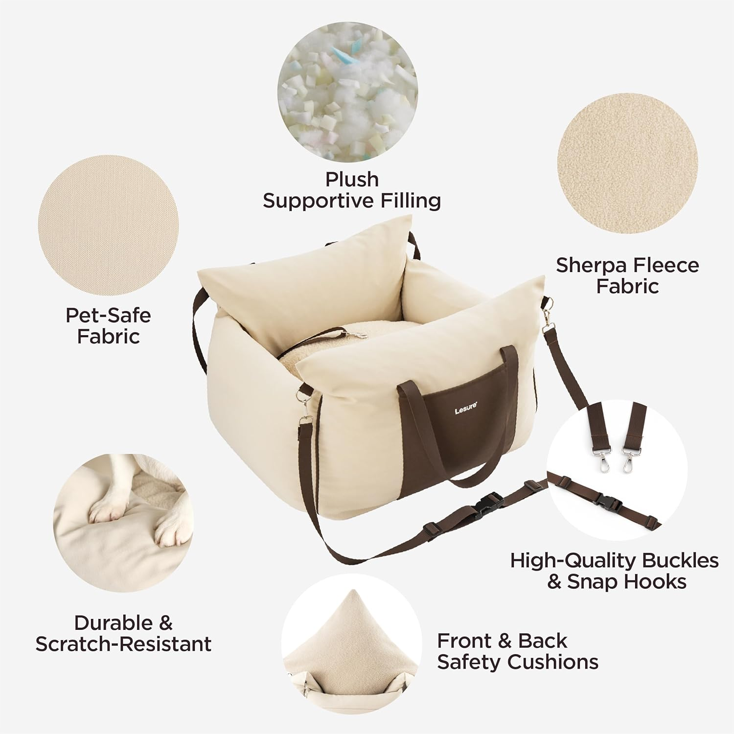 Lesure Dog Car Seat for Medium Dog - Waterproof Dog Booster Seat for Car with Storage Pockets, Clip-On Safety Leash and Memory Foam Filling, Small Pets Travel Carrier Bed, 58X56X33Cm, Beige image number 2