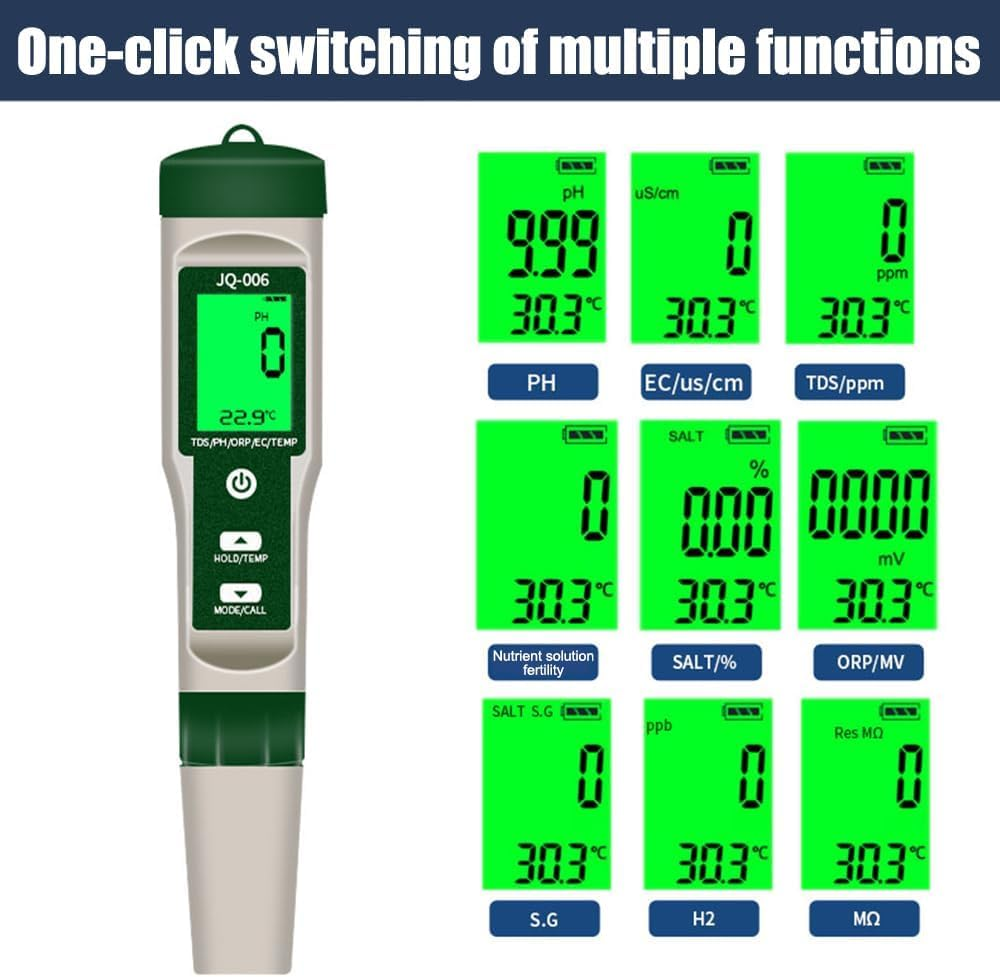 B-Qtech Digital PH Meter for 10 in 1 Pool, Ph/Tds/S.G/Ec/Salinity/M&omega;/H2/Opr/Fertility/Temp Salt Meter with LCD Screen for Drinking Water, Pool, Spa or Laboratory image number 3