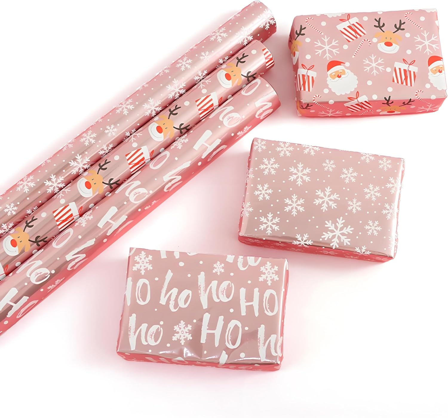 Pink Metallic Christmas Wrapping Paper Santa/Snowflakes/Ho Print | Recyclable Foil Gift Wrap for Beach Xmas, Office Kris Kringles & Last-Minute Presents (3 Rolls,43.2Cm X 3M) image number 4
