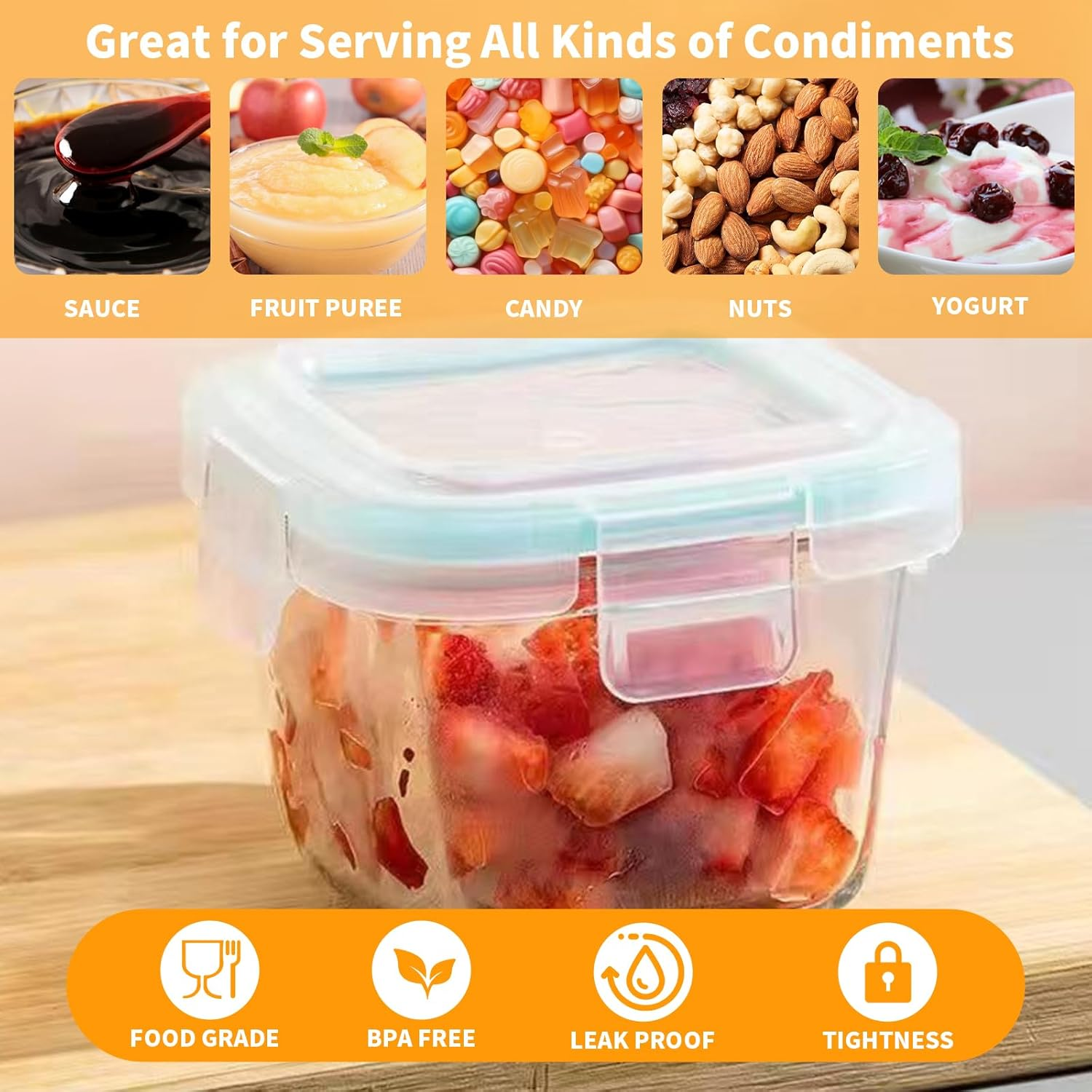 12 Pack Glass Food Containers with Lids, 150ML Meal Prep Containers, Reusable & Airtight & Leakproof Food Jars for Sauce Snack Yogurt Dressing Dip Dessert, Microwave, Freezer, Dishwasher Safe (Square) image number 1