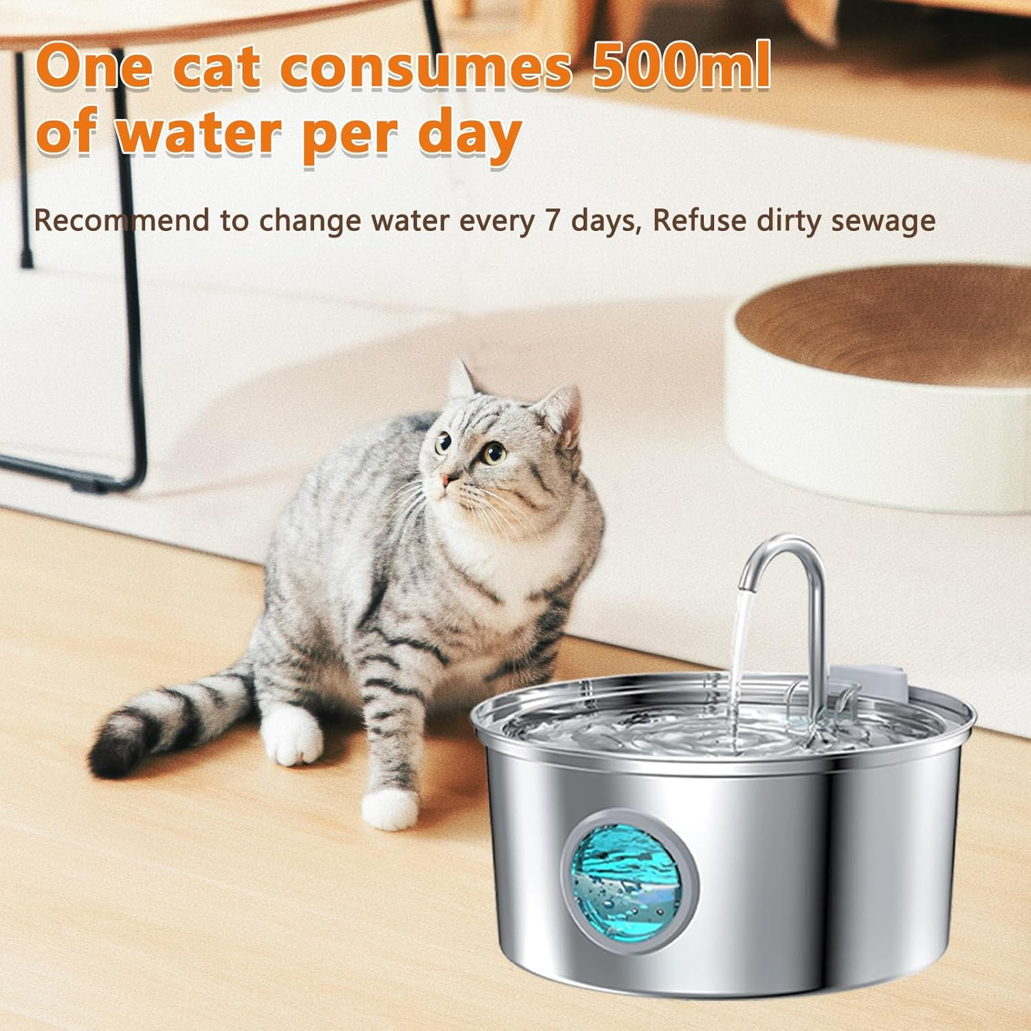 Bemuiz Cat Water Fountain：3.2L Automatic Stainless Steel Pet Water Fountain for Cats Indoor- Water Dispenser Bowl for Dogs Drinking with Quiet Pump and LED Light Water Level Window image number 4