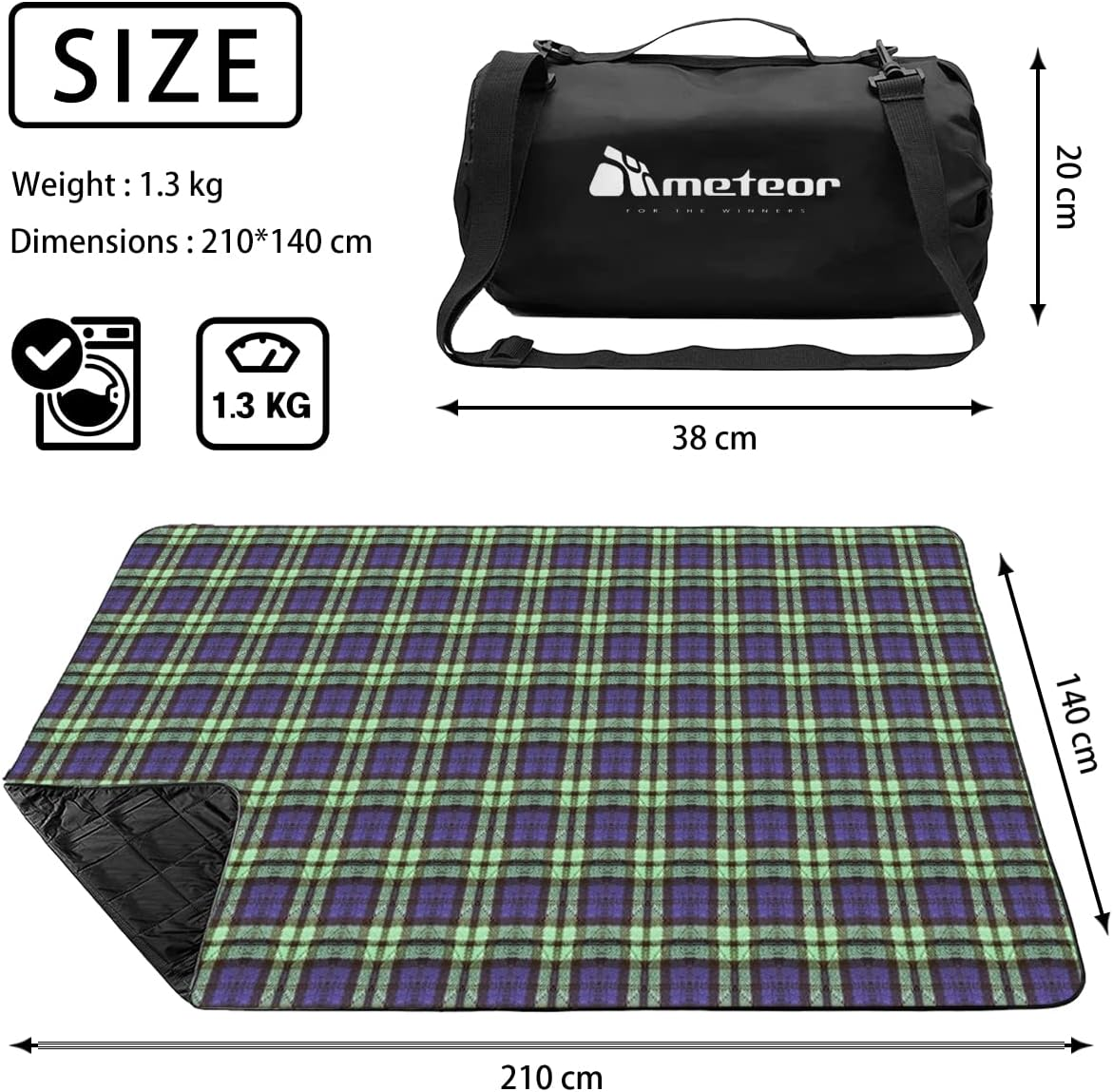 Meteor Picnic Mat Extra Large 210X140Cm - Picnic Rug, Camping Mat, Picnic Blanket, Waterproof, Windproof, Quilted Fleece Outdoor Mat for Camping, Beach, Travel, Stadium & Pets - Black With Fleece Tartan Plaid image number 2