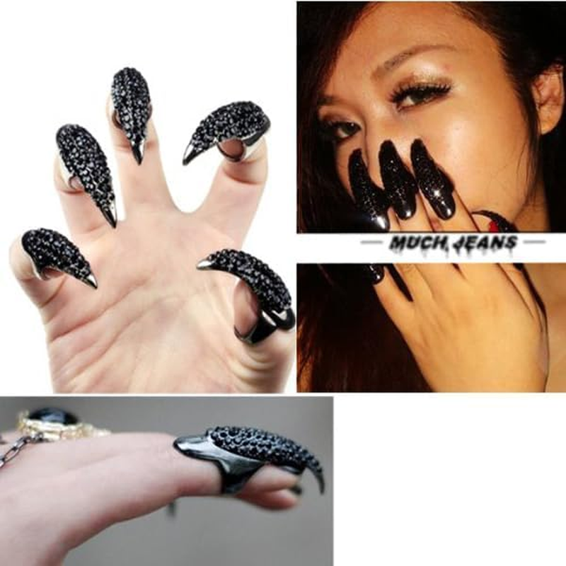 Veemoon Pack of 10 Gothic Nail Rings 3 Finger Rings False Nail Punk Style Claw Ring Cosplay Artificial Nails Crystal Rhinestone Claws for Daily Decoration and Cosplay Party Black 2S/6M/2L image number 2