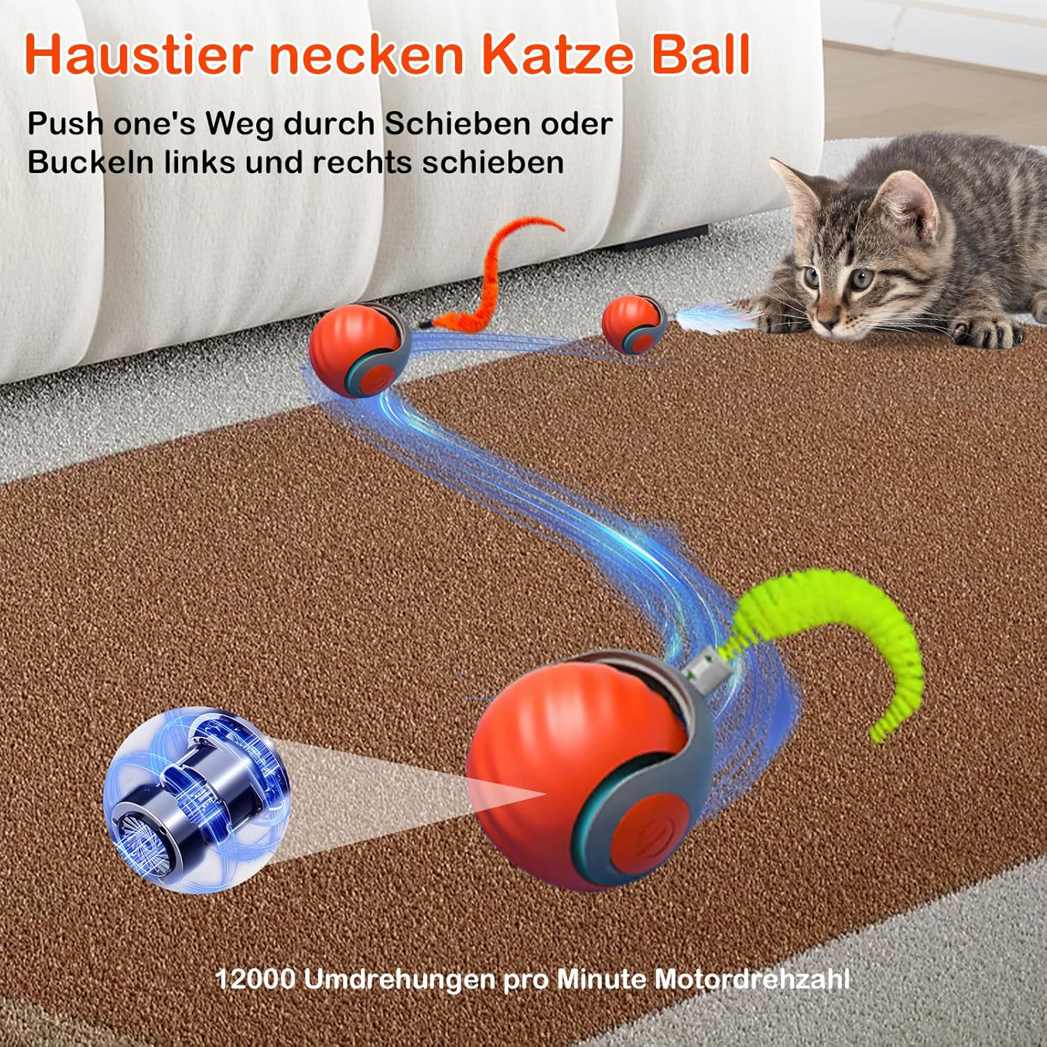 Interactive Cat Toy, Cat Ball, Electric Cat Toy with USB, Two Working Modes, Cat Toy with 3 Replacement Tails, Intelligence Toy for Cats (Orange)
