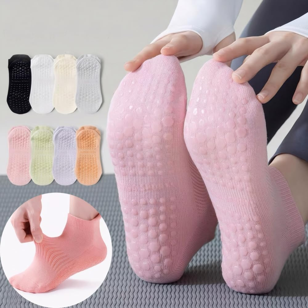 3 Pairs Cushioned Sole Pilates Socks with Grips for Women - Non-Slip Yoga and Ballet Barefoot Workout Grippy Socks - Anti-Skid Athletic Footwear - Black/White/Light Grey image number 4
