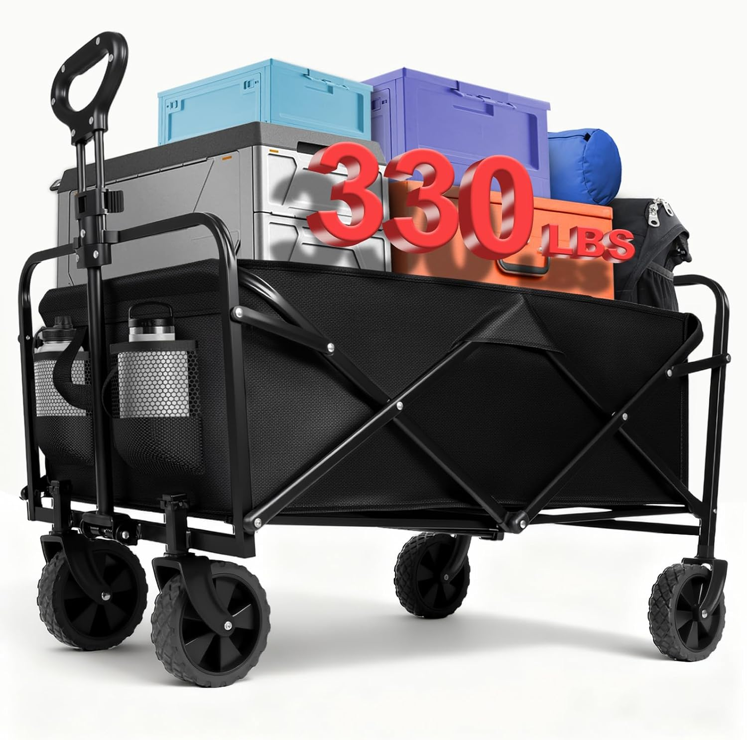 Folding Wagon Cart Heavy Duty, 150Kg(330Lbs) Capacity, Collapsible Utility Cart with Silent Wheels for Camping Beach Grocery Shopping Garden, Adjustable Handle image number 1