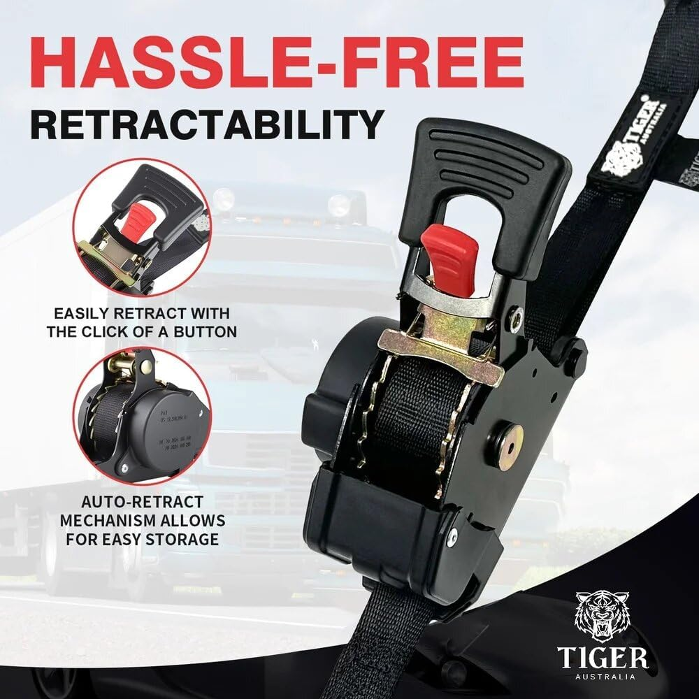 Tiger Australia Retractable Ratchet Straps 25Mm X 3M 800KG Heavy Duty 2-Pack image number 4