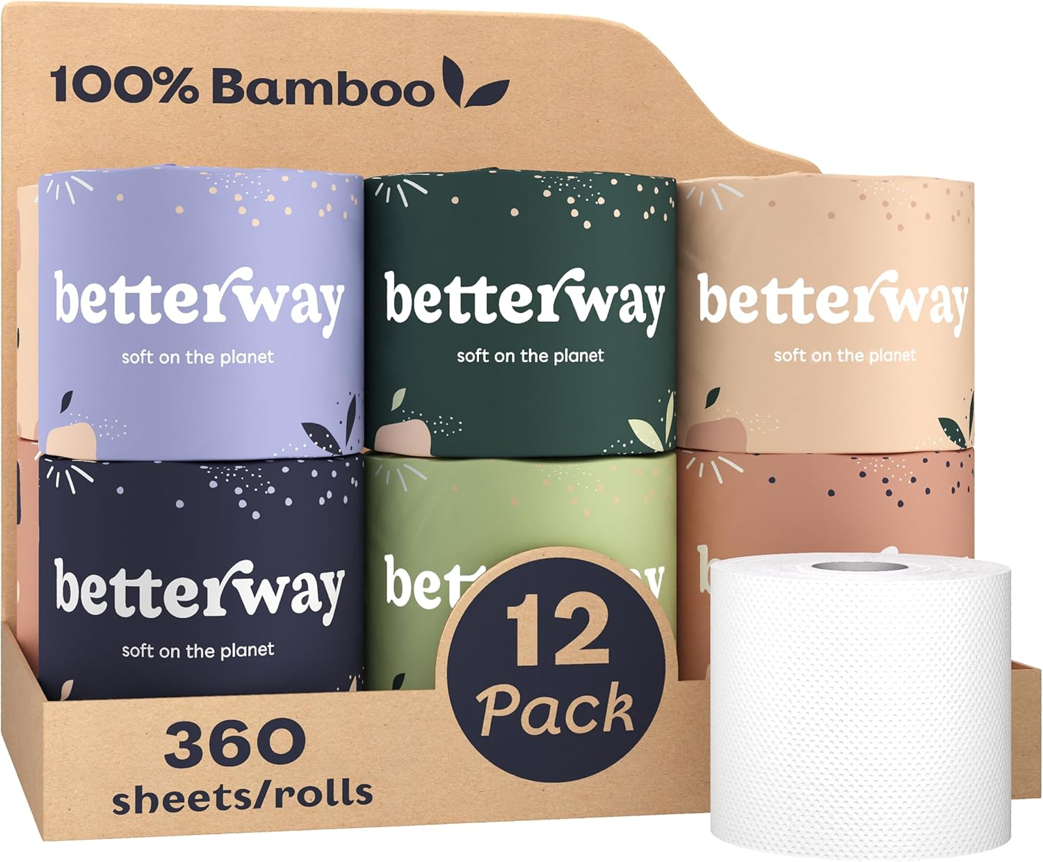 Betterway Bamboo Toilet Paper 3 PLY - Eco Friendly, Sustainable Toilet Tissue - 12 Double Rolls & 360 Sheets per Roll - Septic Safe - Organic, Plastic Free, Compostable & Biodegradable - FSC Certified image number 6