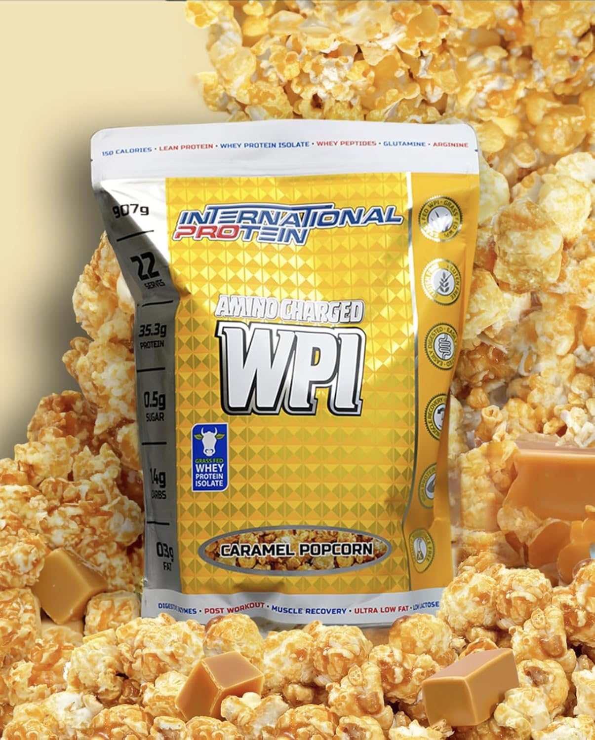 International Protein Amino Charged Caramel Popcorn Flavour Whey Protein Isolate Powder 907 G image number 2