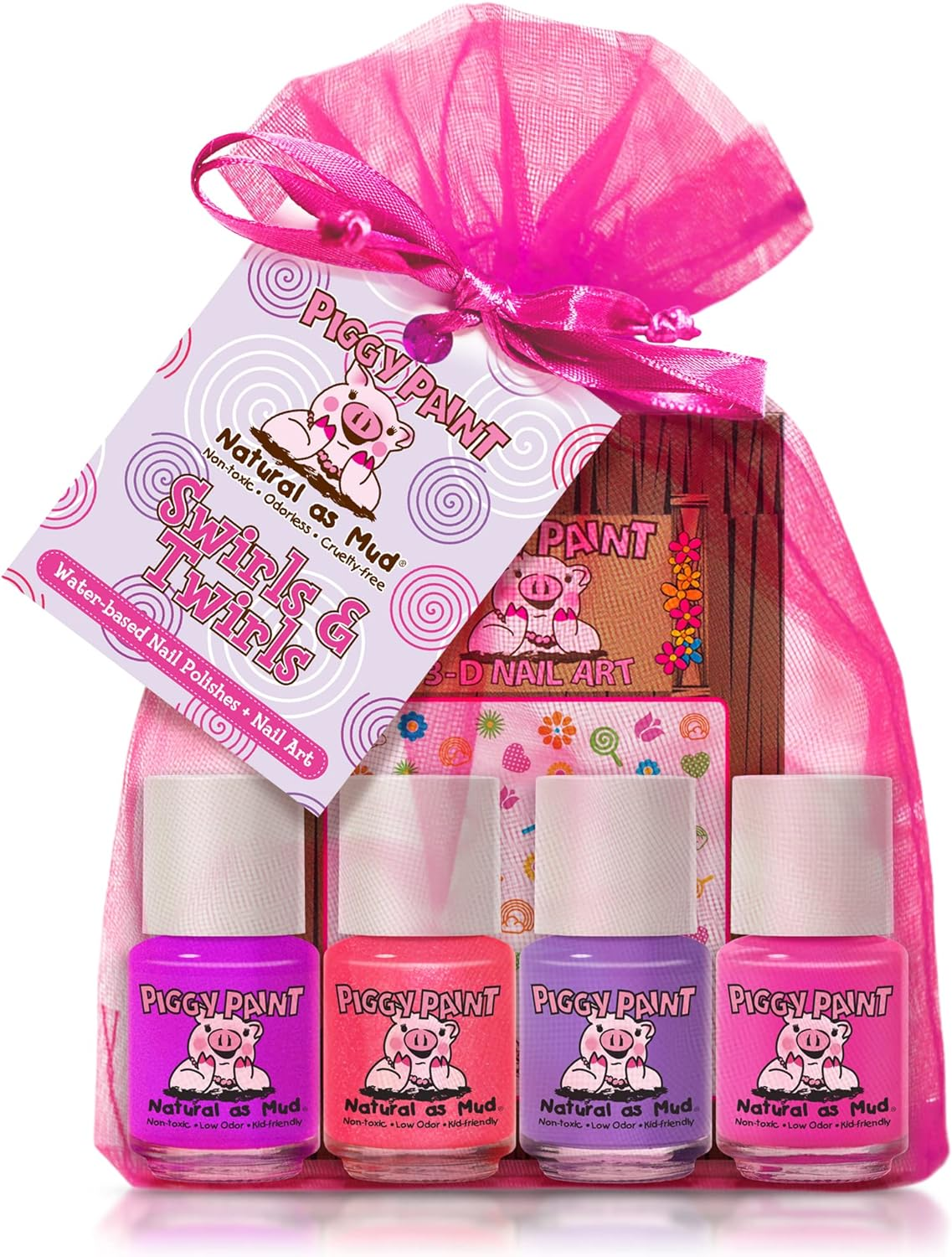 Piggy Paint | 100% Non-Toxic Girls Nail Polish | Safe, Cruelty-Free, Vegan, & Low Odor for Kids | Swirls & Twirls (4 Polish + Nail Art Gift Set) image number 2