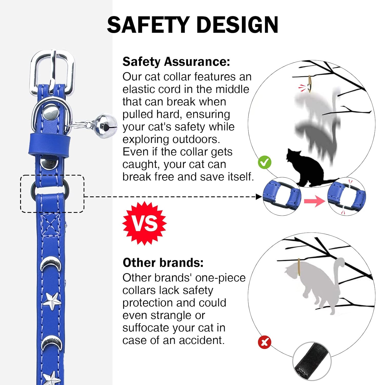 DILLYBUD Leather Cat Collars for Boy Girl Cats with Bell and Safety Elastic Belt, Personalized Star Moon Stud Adjustable Safe Buckle Collar Kitty Small Big Size 8-12 Inch, Blue (DIL-6119600_BLU) image number 5