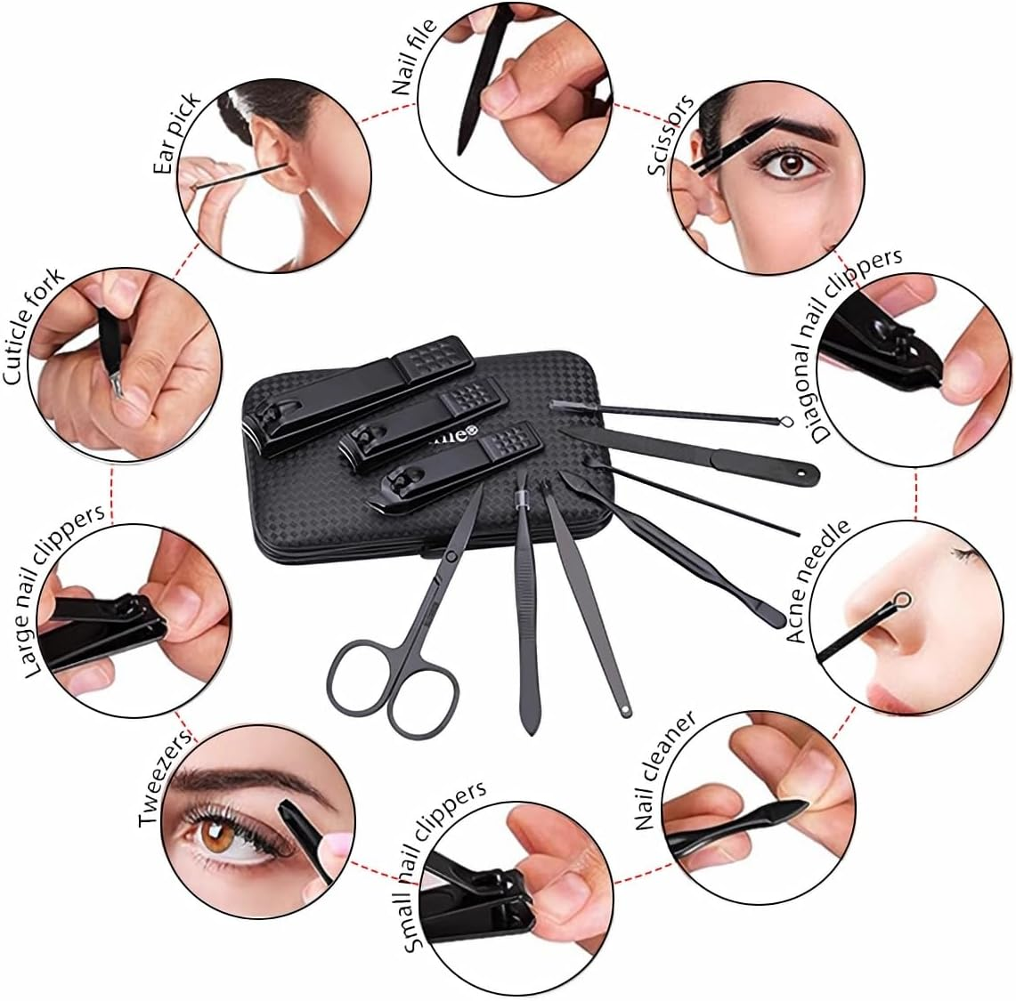 Manicure Set Nail Clippers Kit Professional Stainless Steel Nail Care Tools with Leather Travel Case 10 in 1 Black